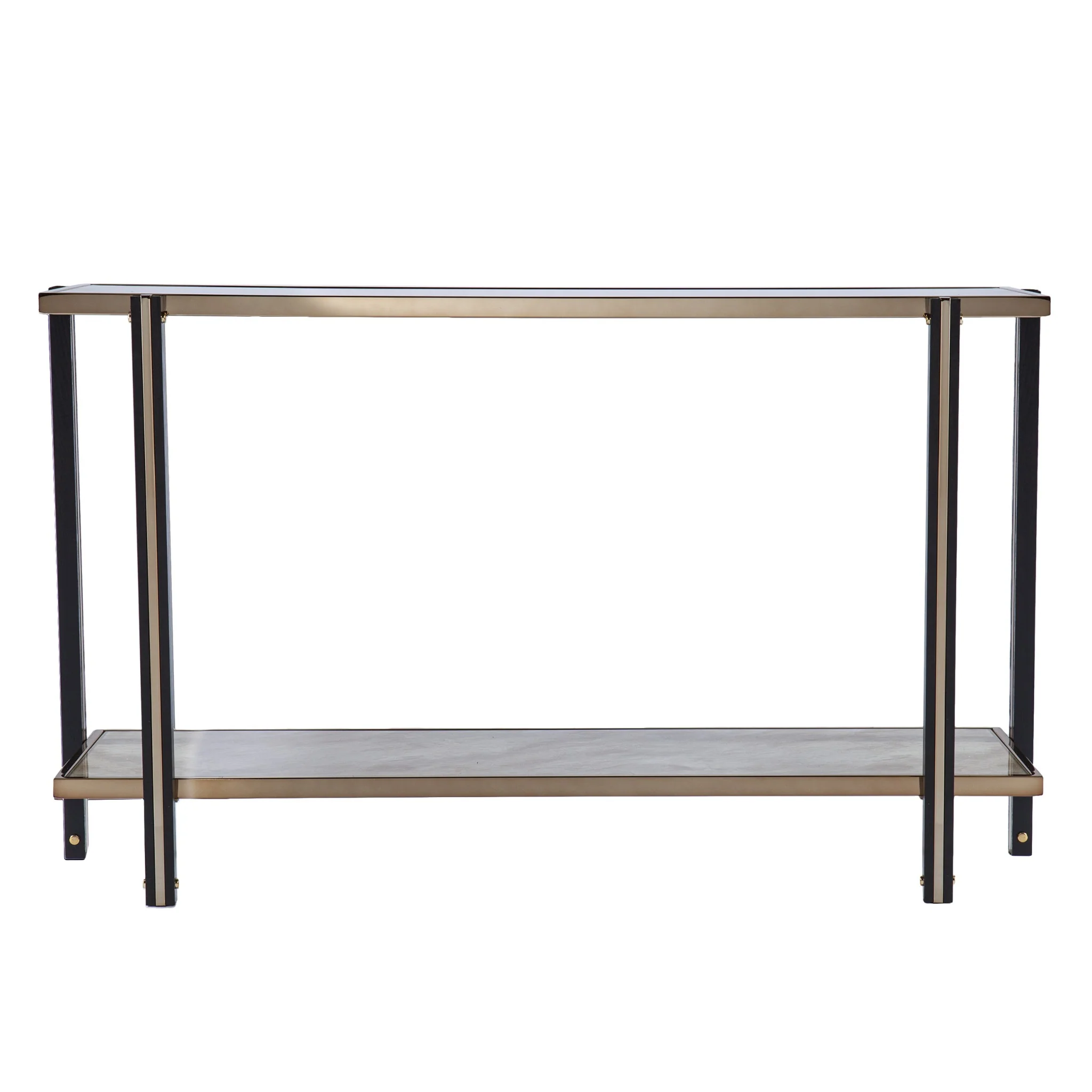 50" Smoky Black and Champagne Glass Mirrored Floor Shelf Console Table With Storage By Homeroots - Image 2