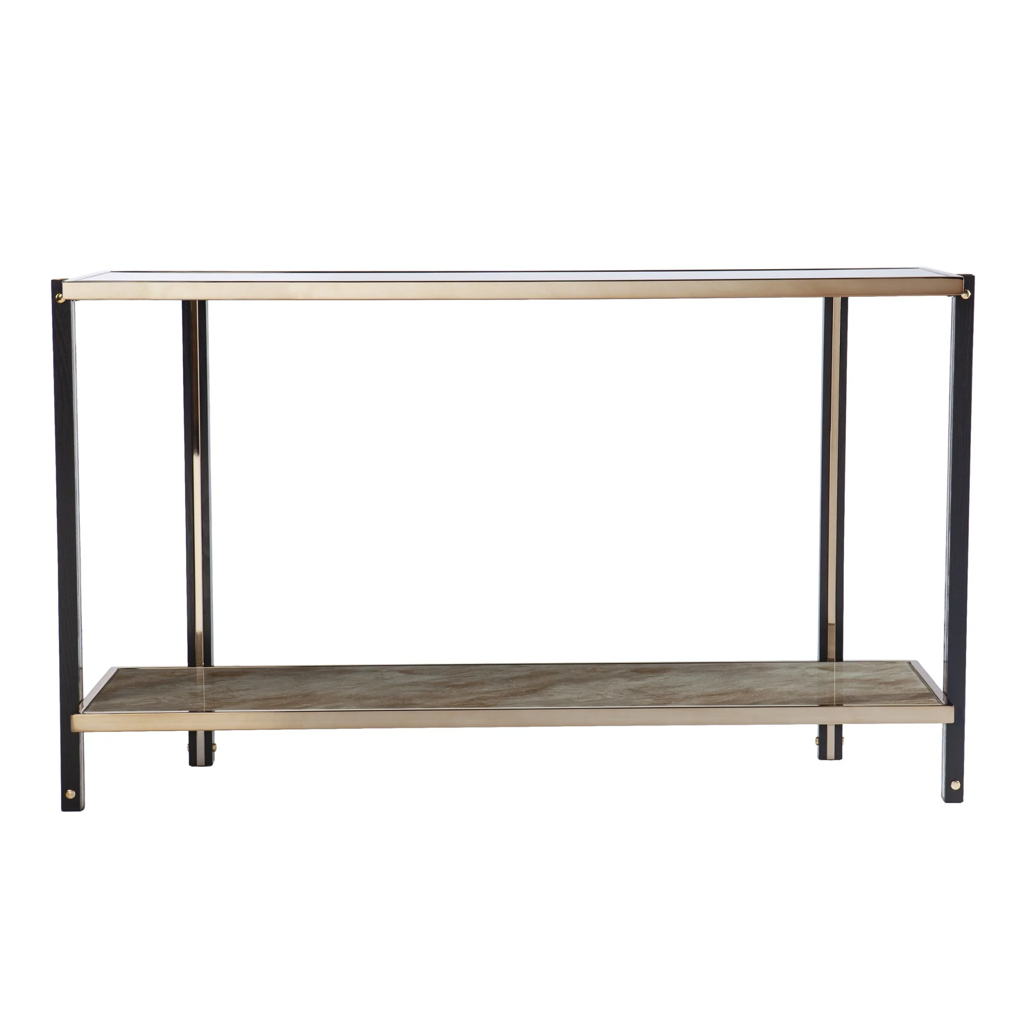 50" Smoky Black and Champagne Glass Mirrored Floor Shelf Console Table With Storage By Homeroots - Image 4