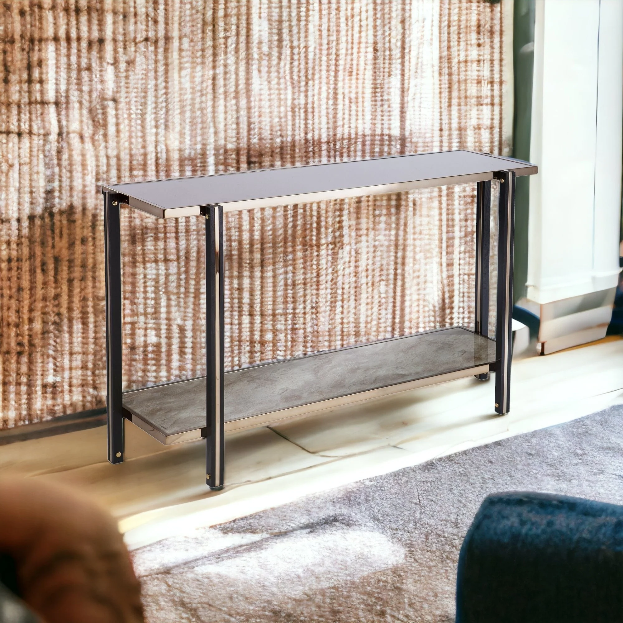 50" Smoky Black and Champagne Glass Mirrored Floor Shelf Console Table With Storage By Homeroots - Image 6