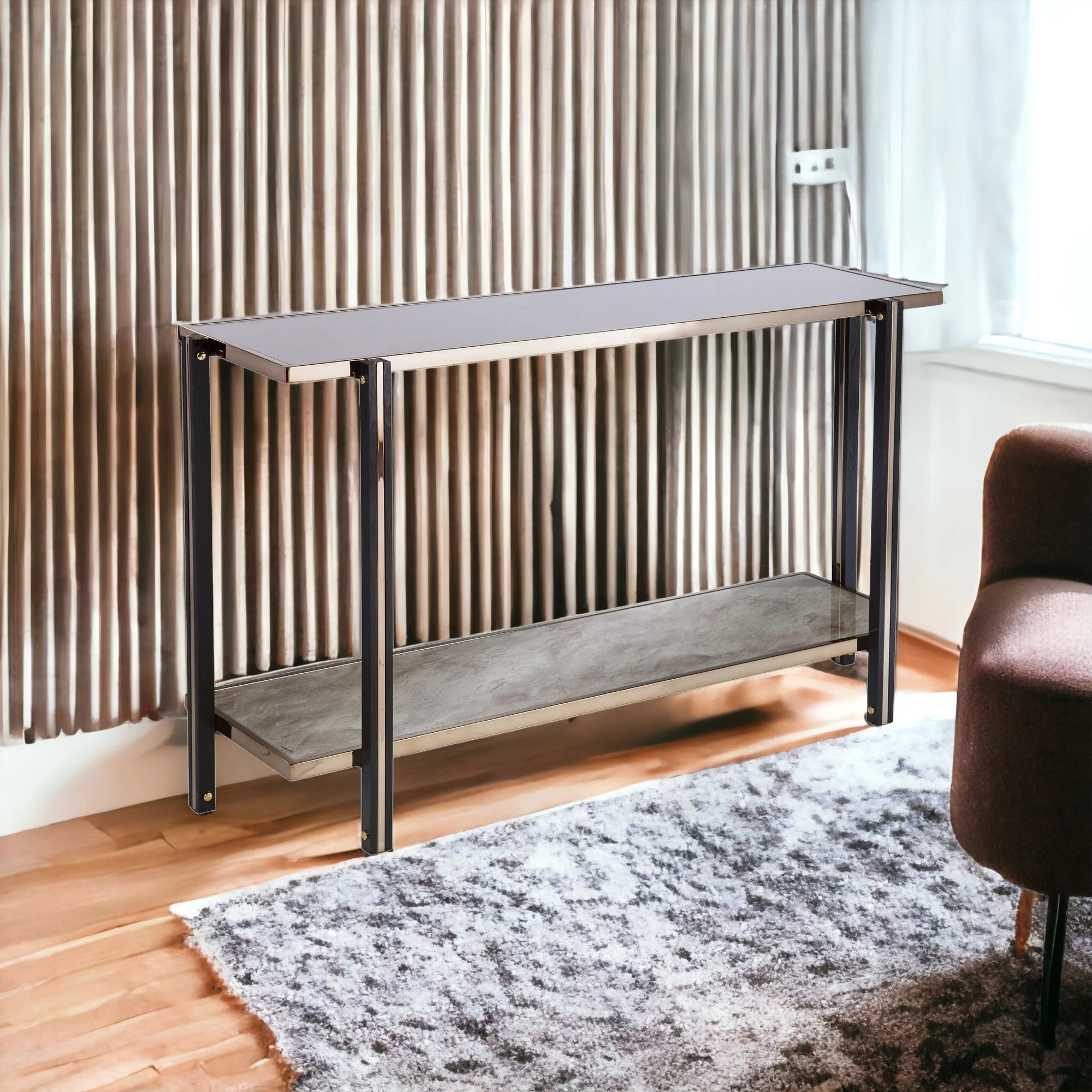 50" Smoky Black and Champagne Glass Mirrored Floor Shelf Console Table With Storage By Homeroots - Image 7