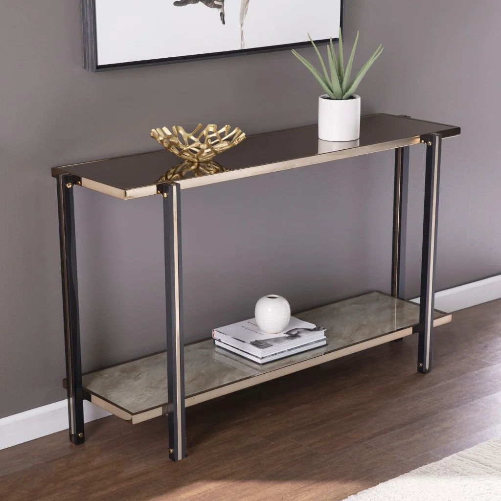 50" Smoky Black and Champagne Glass Mirrored Floor Shelf Console Table With Storage By Homeroots - Image 8