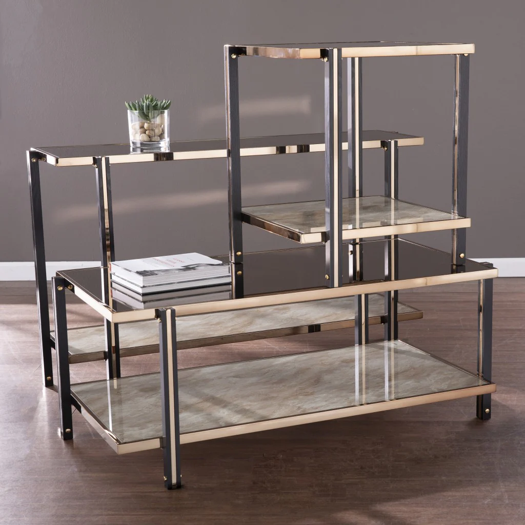 50" Smoky Black and Champagne Glass Mirrored Floor Shelf Console Table With Storage By Homeroots - Image 9