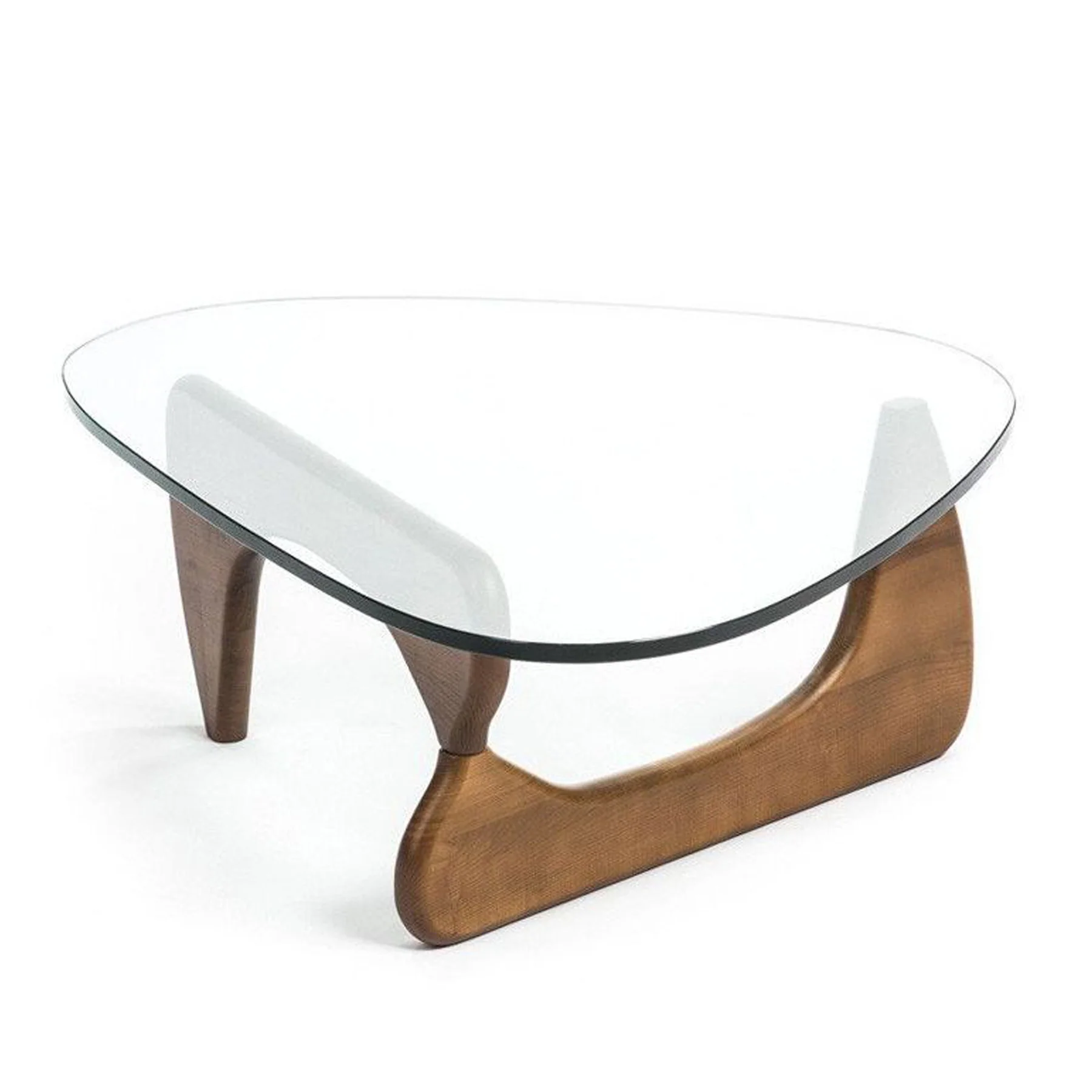 50" Walnut And Clear Glass Triangle Coffee Table By Homeroots - Image 4