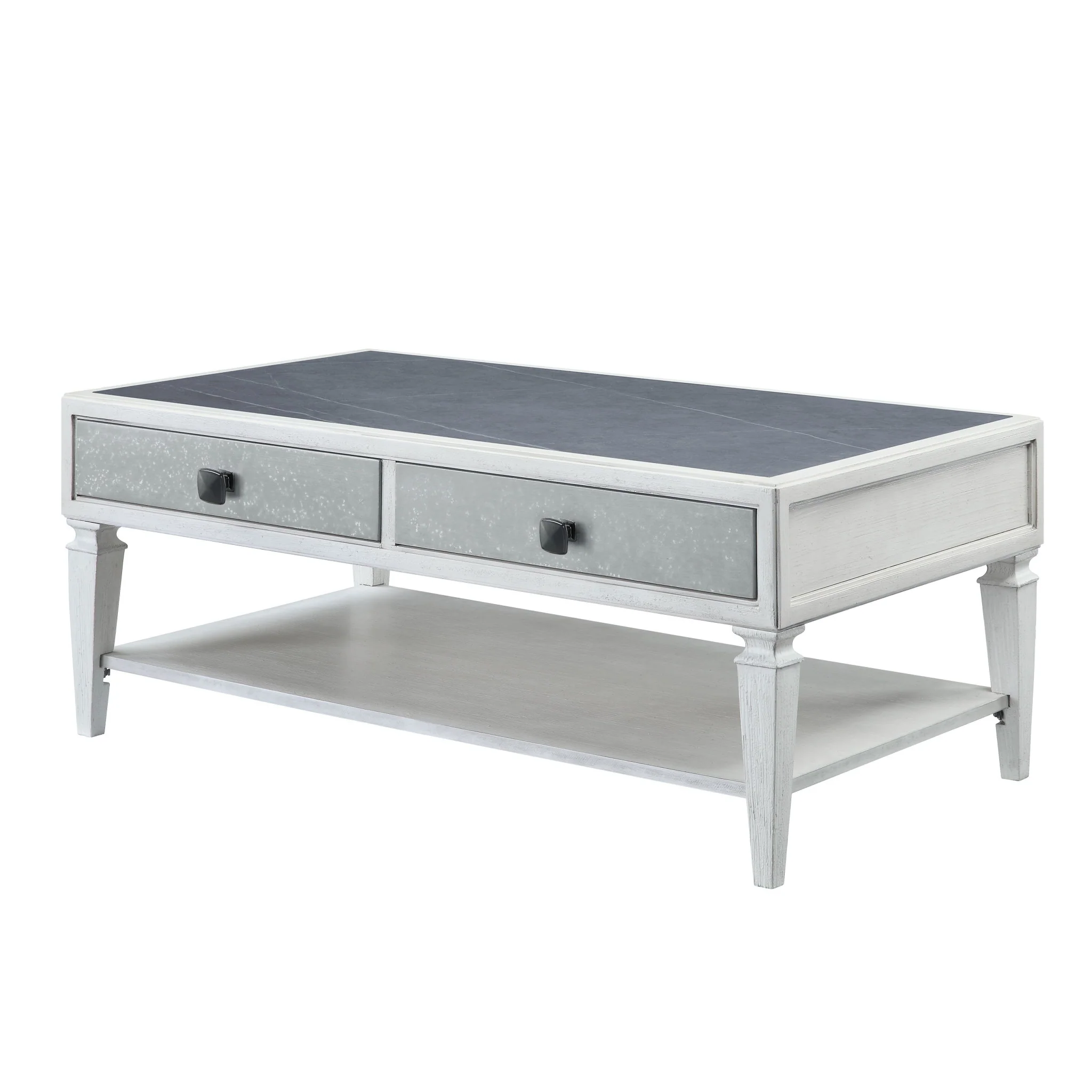 50" Weathered White And Rustic Gray Sintered Stone And Manufactured Wood Rectangular Coffee Table With Two Drawers And Shelf By Homeroots - Image 2
