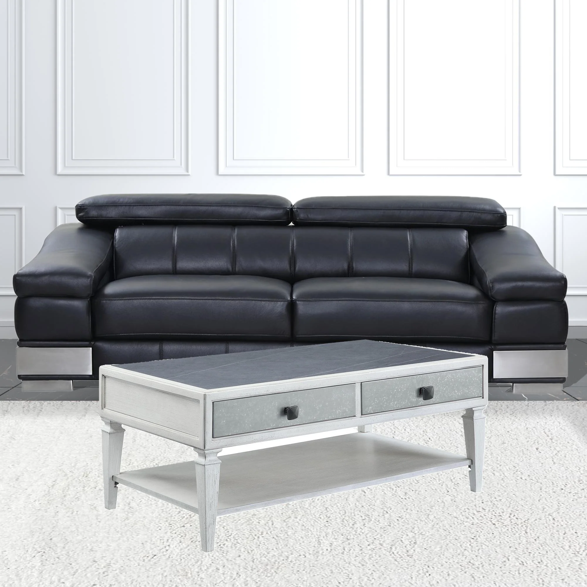 50" Weathered White And Rustic Gray Sintered Stone And Manufactured Wood Rectangular Coffee Table With Two Drawers And Shelf By Homeroots - Image 3