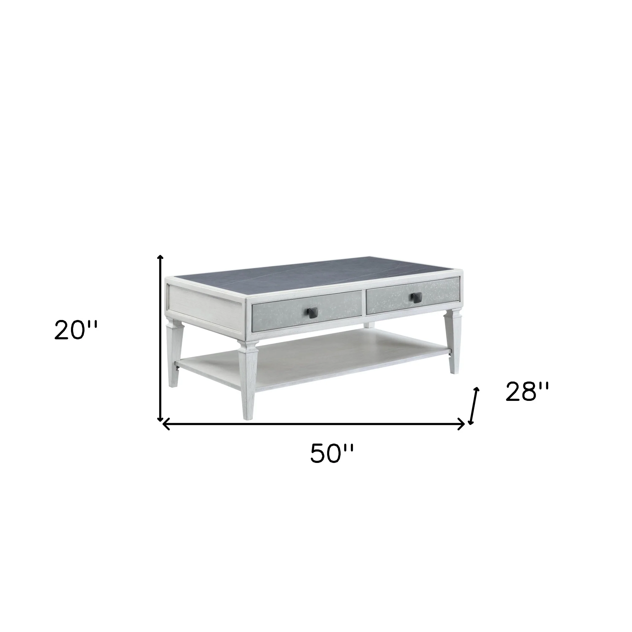 50" Weathered White And Rustic Gray Sintered Stone And Manufactured Wood Rectangular Coffee Table With Two Drawers And Shelf By Homeroots - Image 6