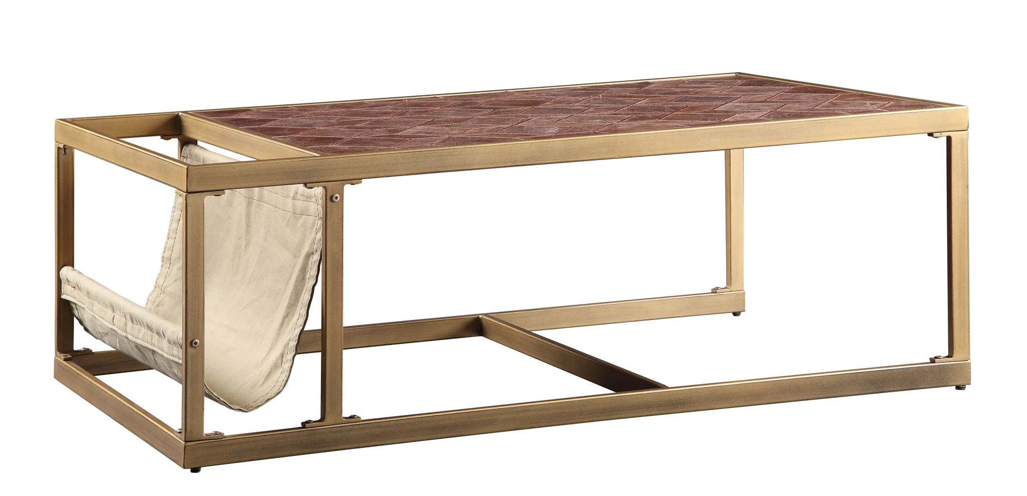 51" Brass And Retro Brown Leather Rectangular Coffee Table By Homeroots - Image 2