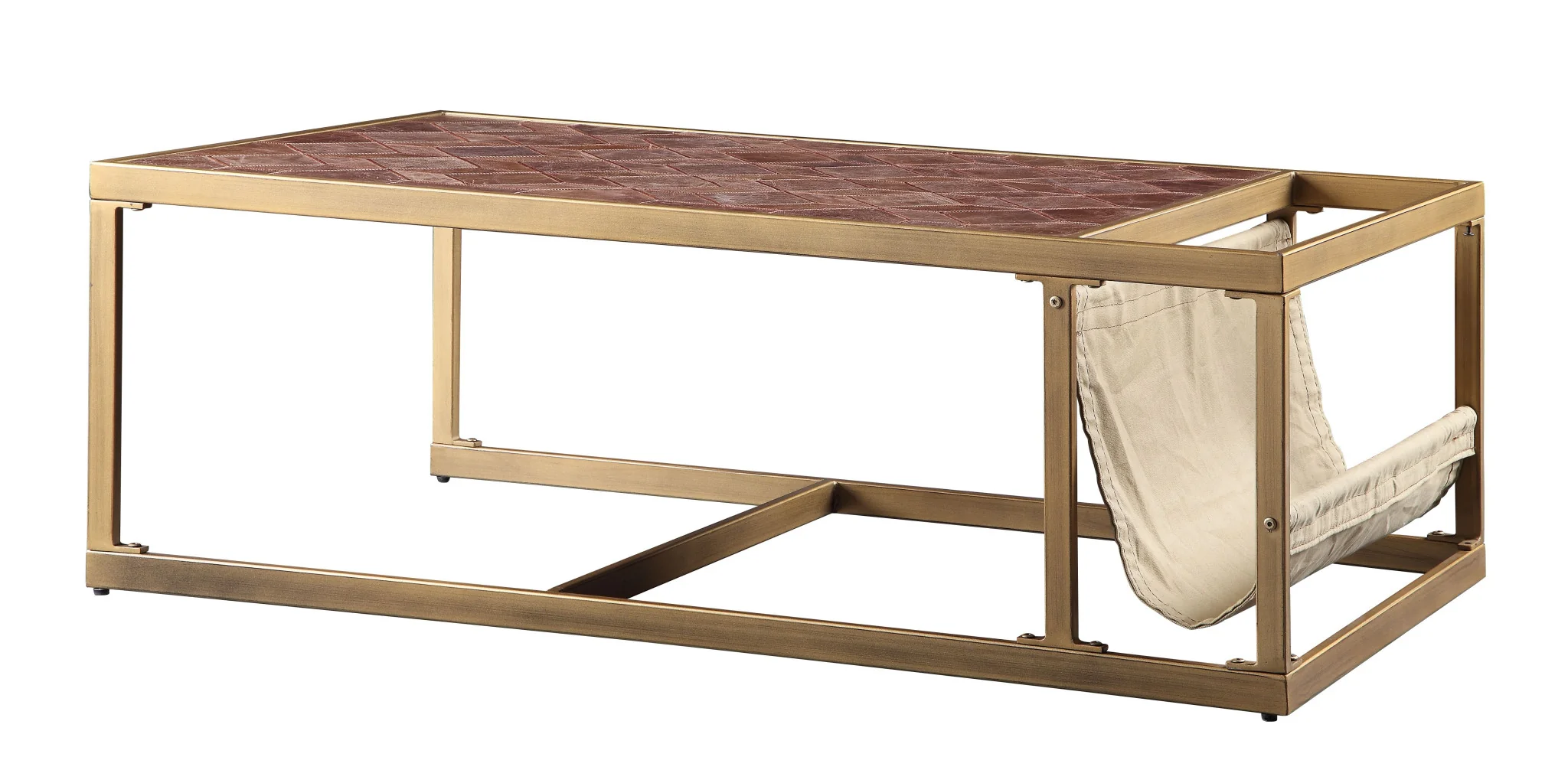 51" Brass And Retro Brown Leather Rectangular Coffee Table By Homeroots - Image 3