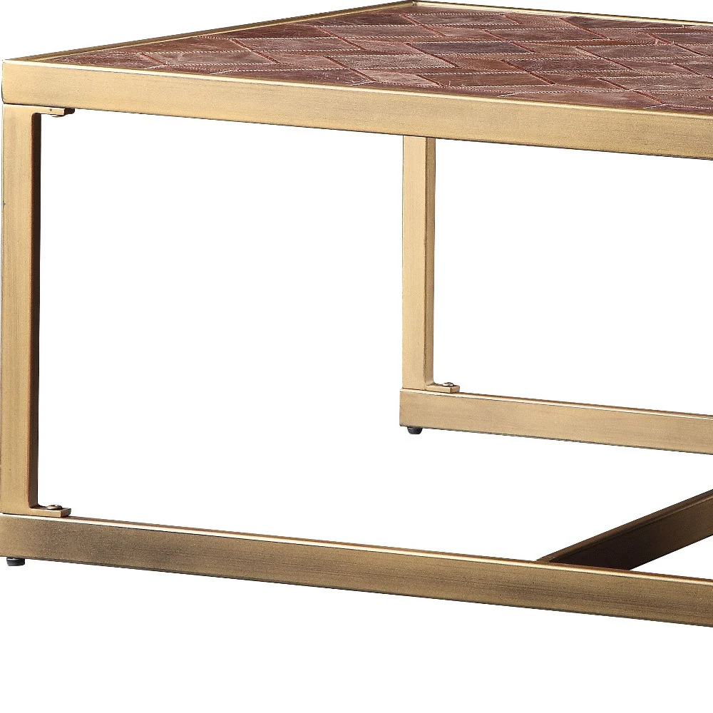 51" Brass And Retro Brown Leather Rectangular Coffee Table By Homeroots - Image 5