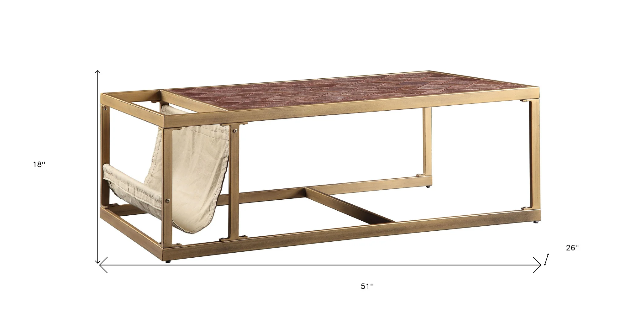 51" Brass And Retro Brown Leather Rectangular Coffee Table By Homeroots - Image 6