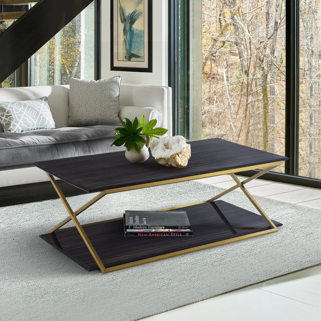 51" Dark Brown And Gold Rectangular Coffee Table With Shelf By Homeroots - Image 4