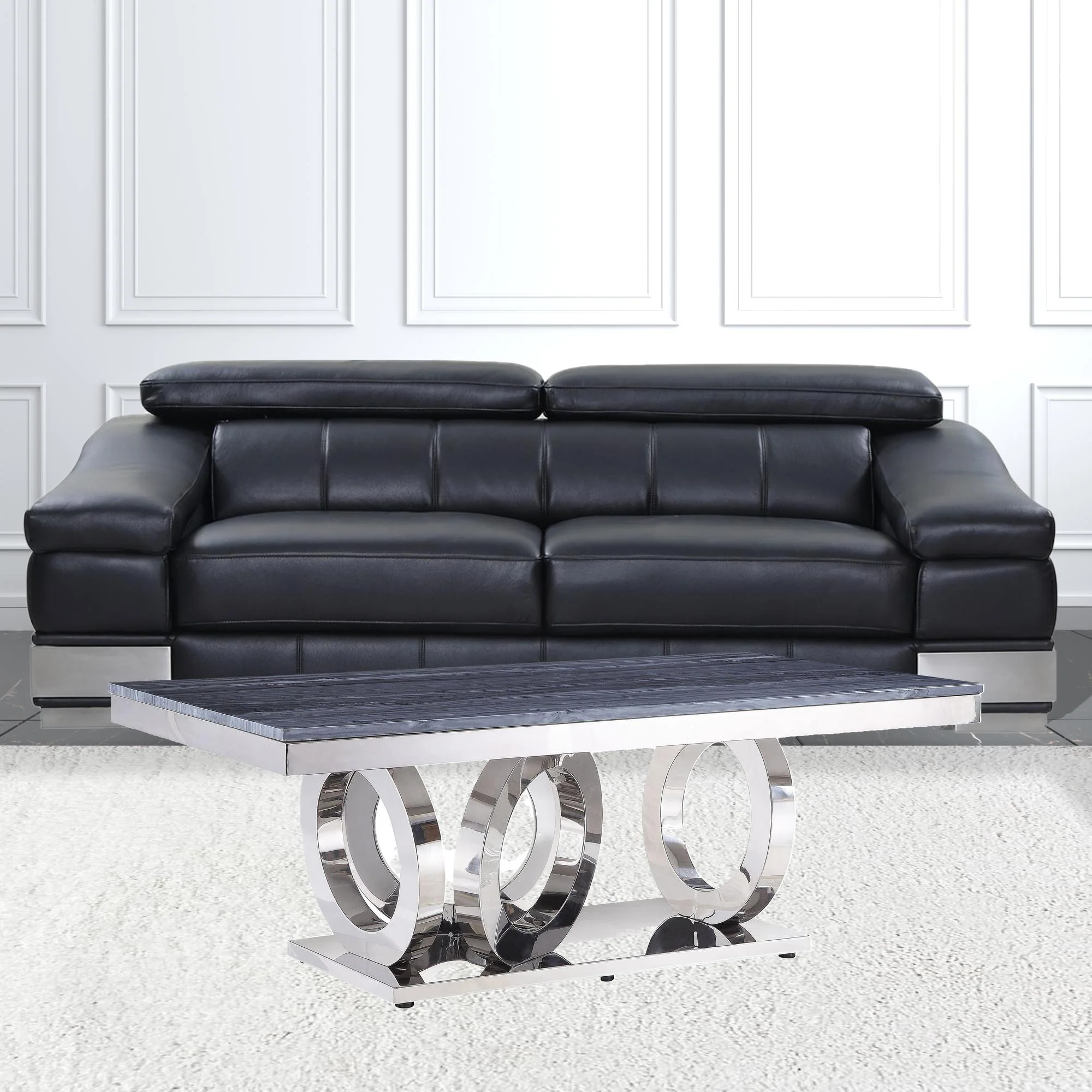 51" Mirrored Silver And Gray Printed Faux Marble Artificial Marble And Stainless Steel Rectangular Mirrored Coffee Table By Homeroots - Image 3