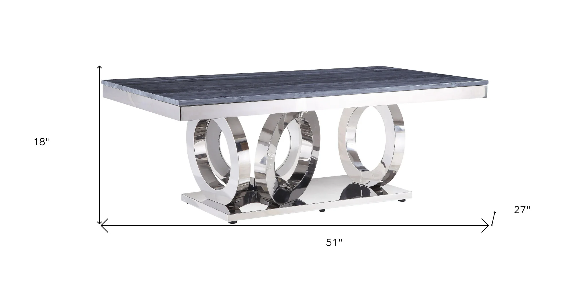 51" Mirrored Silver And Gray Printed Faux Marble Artificial Marble And Stainless Steel Rectangular Mirrored Coffee Table By Homeroots - Image 6
