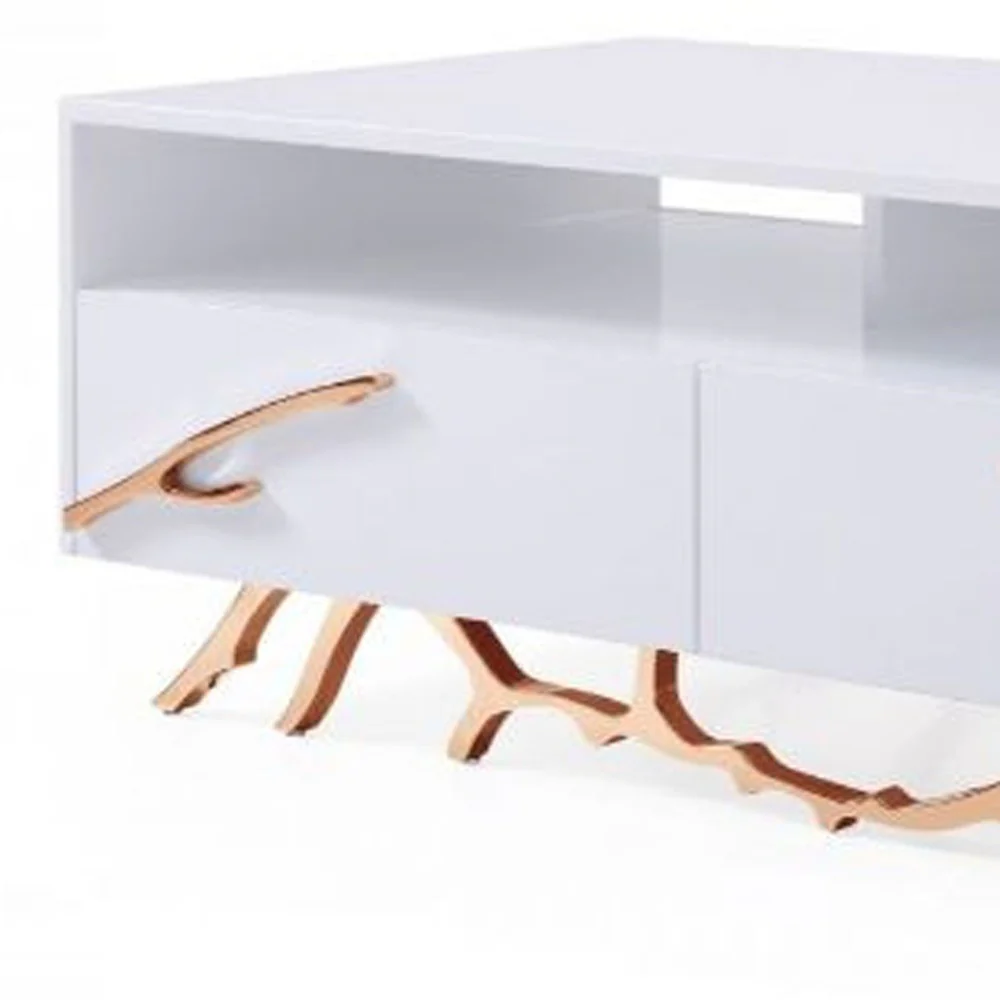 51" Rosegold And White Rectangular Coffee Table With Two Drawers And Two Shelves By Homeroots - Image 2