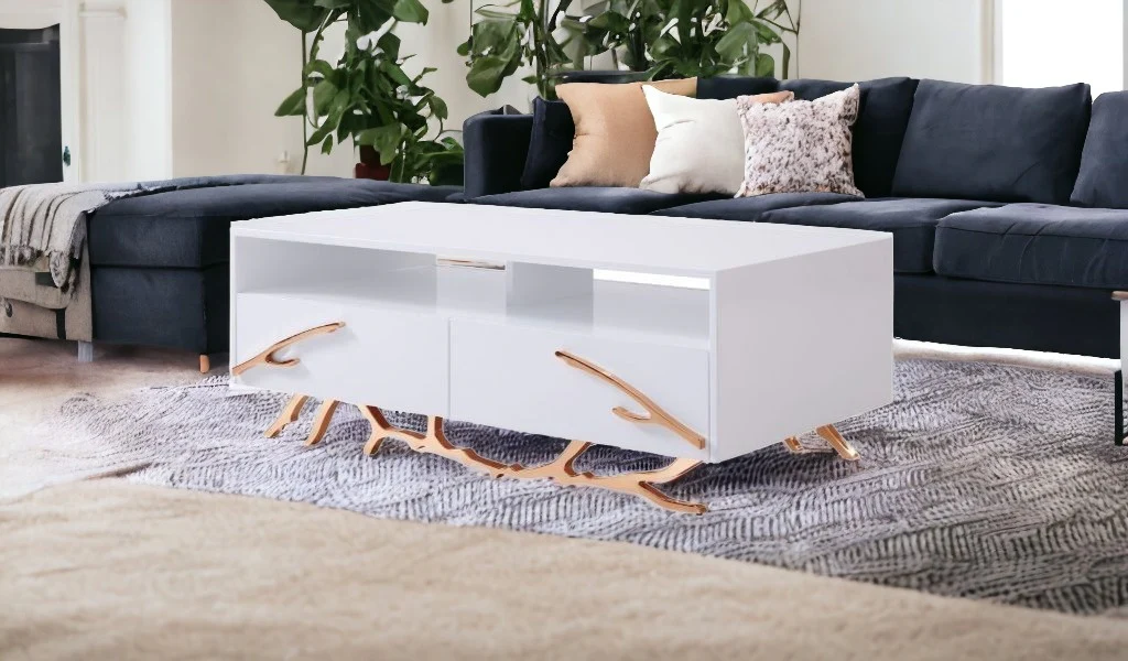 51" Rosegold And White Rectangular Coffee Table With Two Drawers And Two Shelves By Homeroots - Image 4