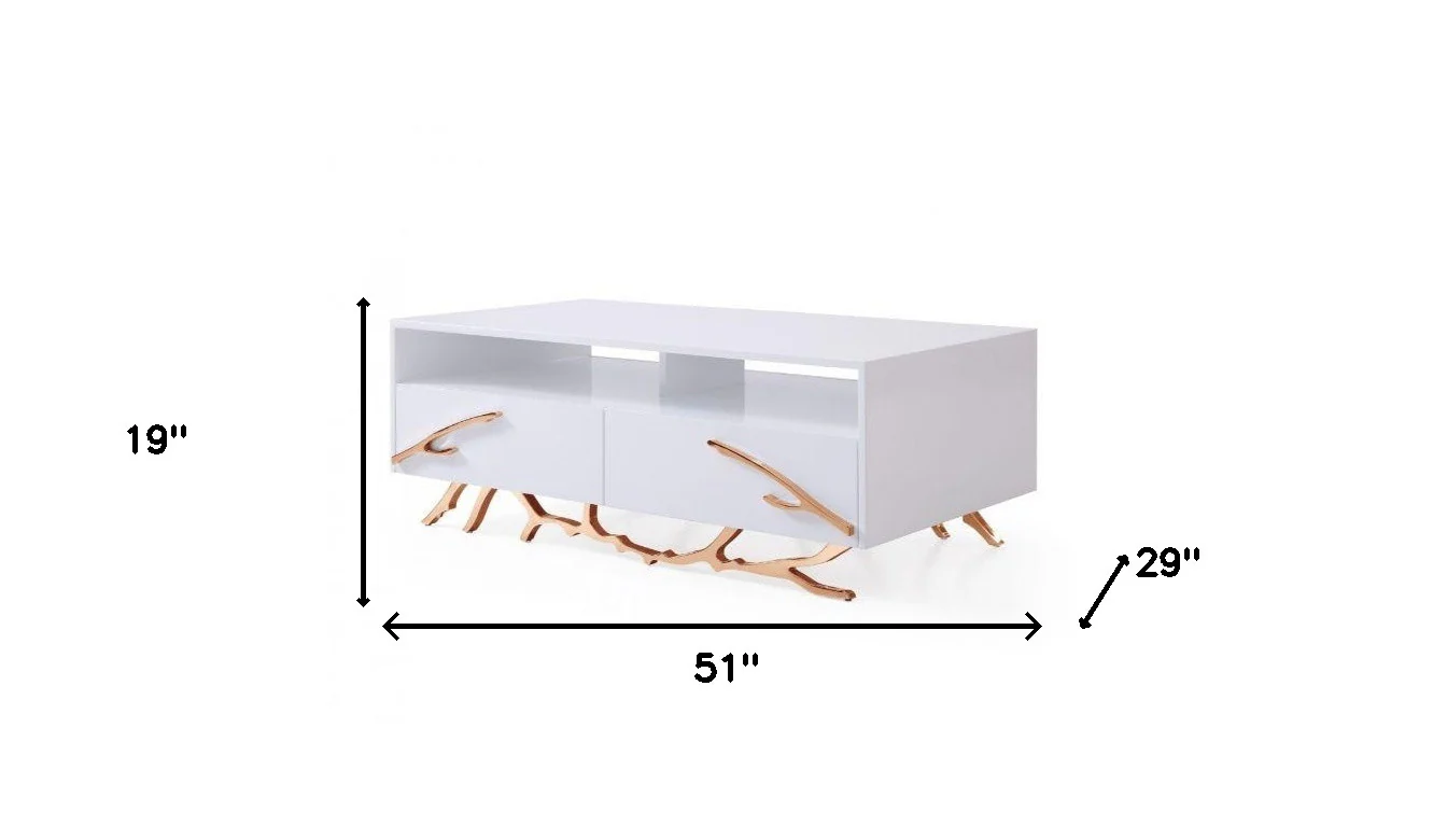 51" Rosegold And White Rectangular Coffee Table With Two Drawers And Two Shelves By Homeroots - Image 5