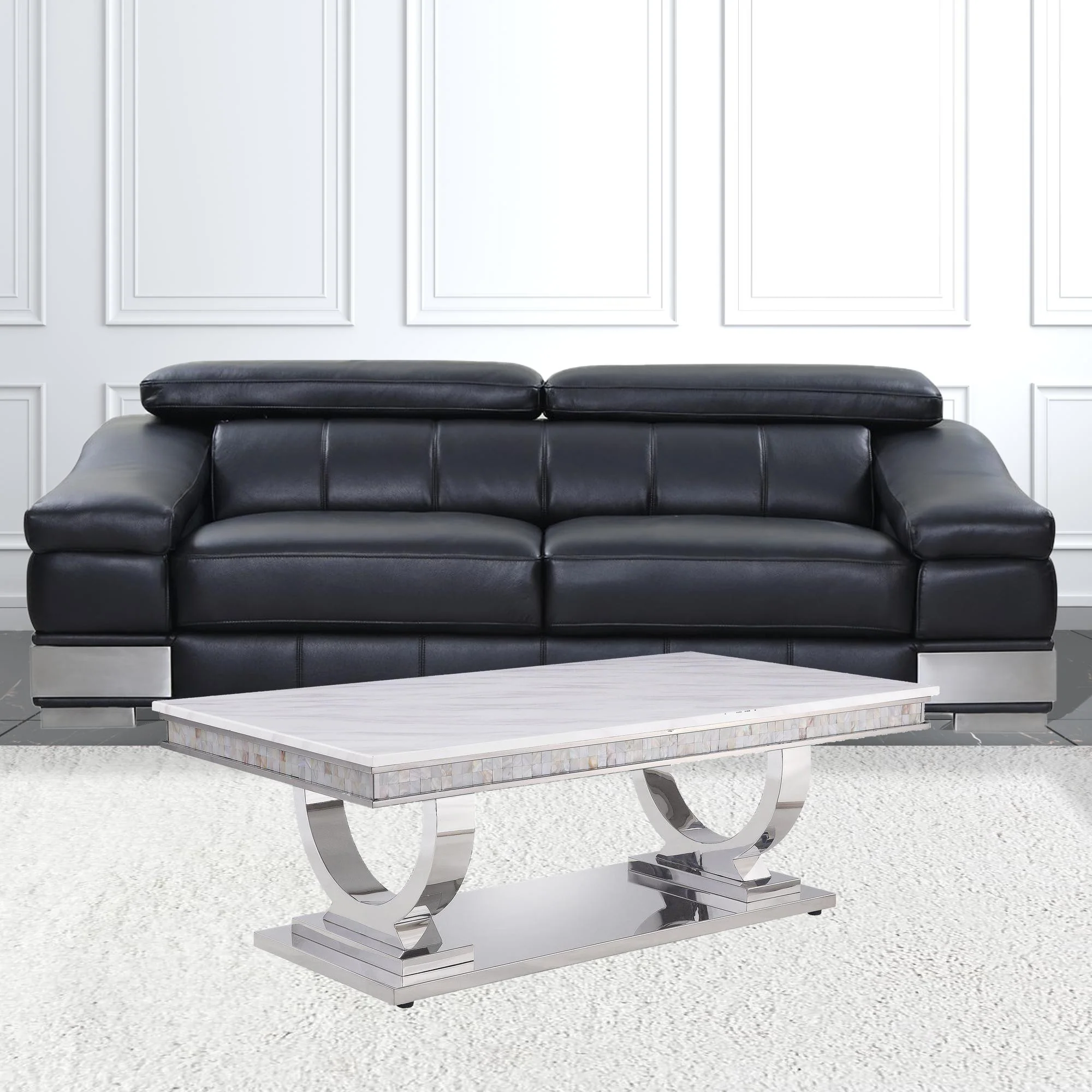 51" Silver And White Artificial Marble Rectangular Mirrored Coffee Table By Homeroots - Image 2