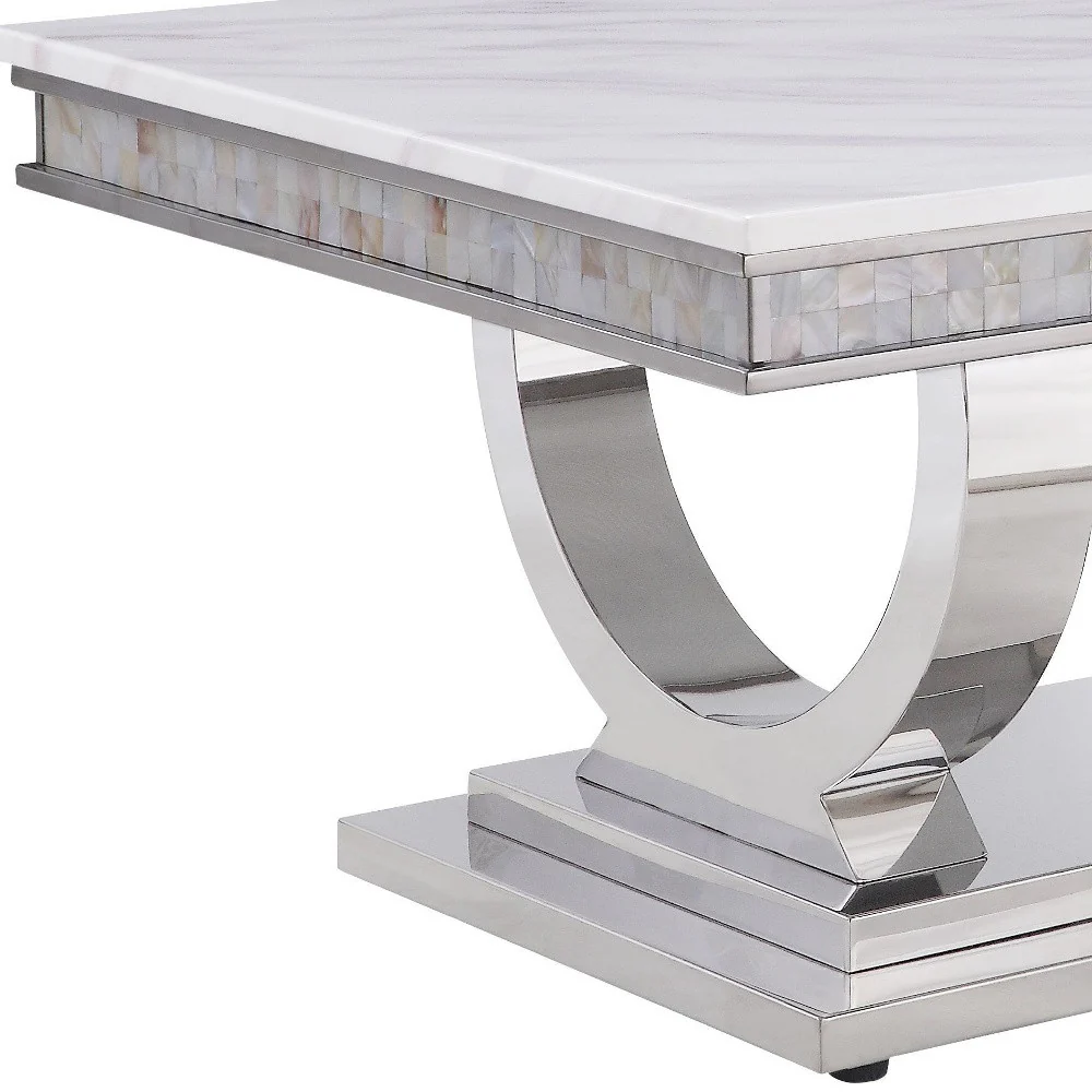 51" Silver And White Artificial Marble Rectangular Mirrored Coffee Table By Homeroots - Image 4