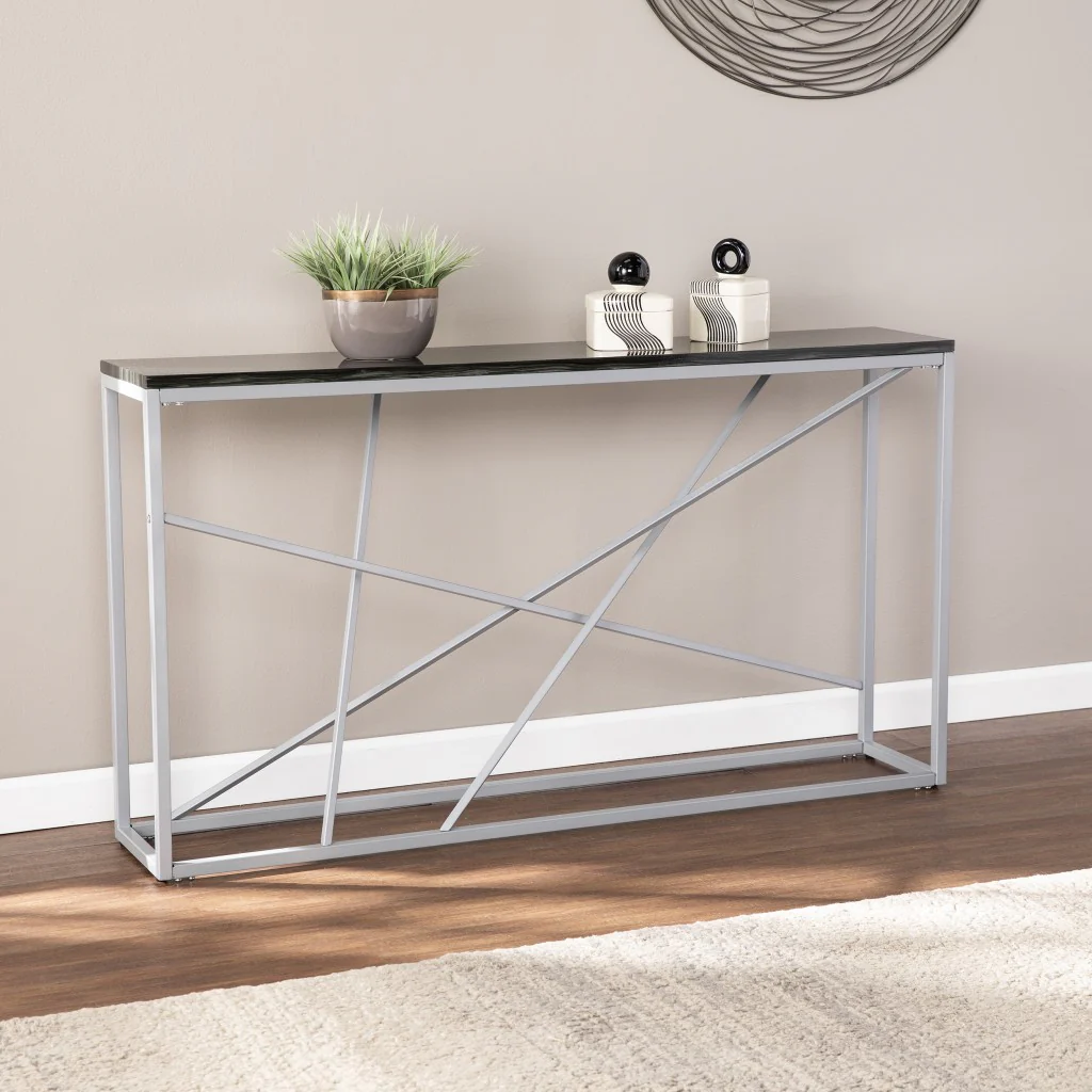 52" Black and Silver Faux Stone Frame Console Table By Homeroots - Image 6