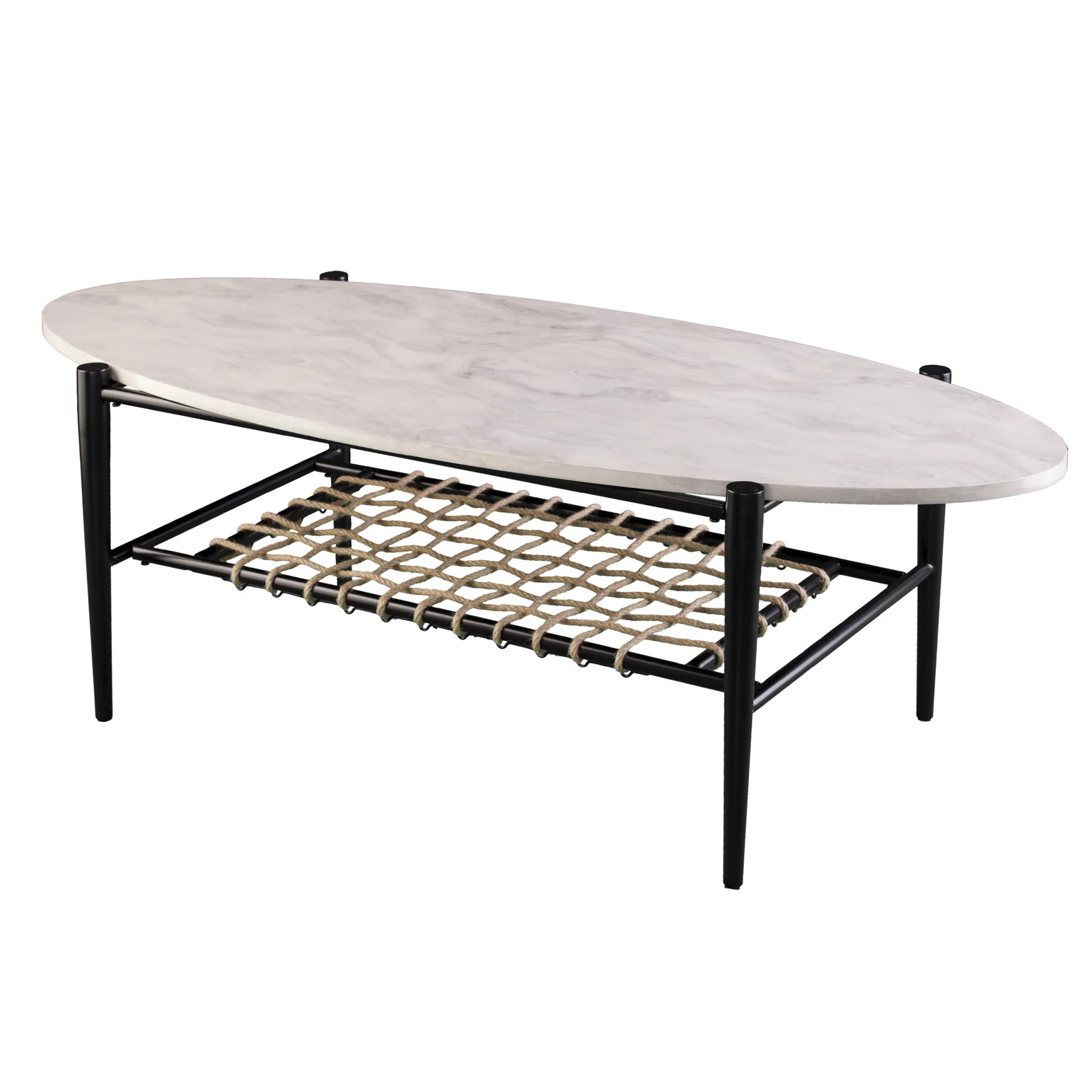 52" Black and White Metal and Faux Marble Boho Rope Oval Coffee Table By Homeroots - Image 2