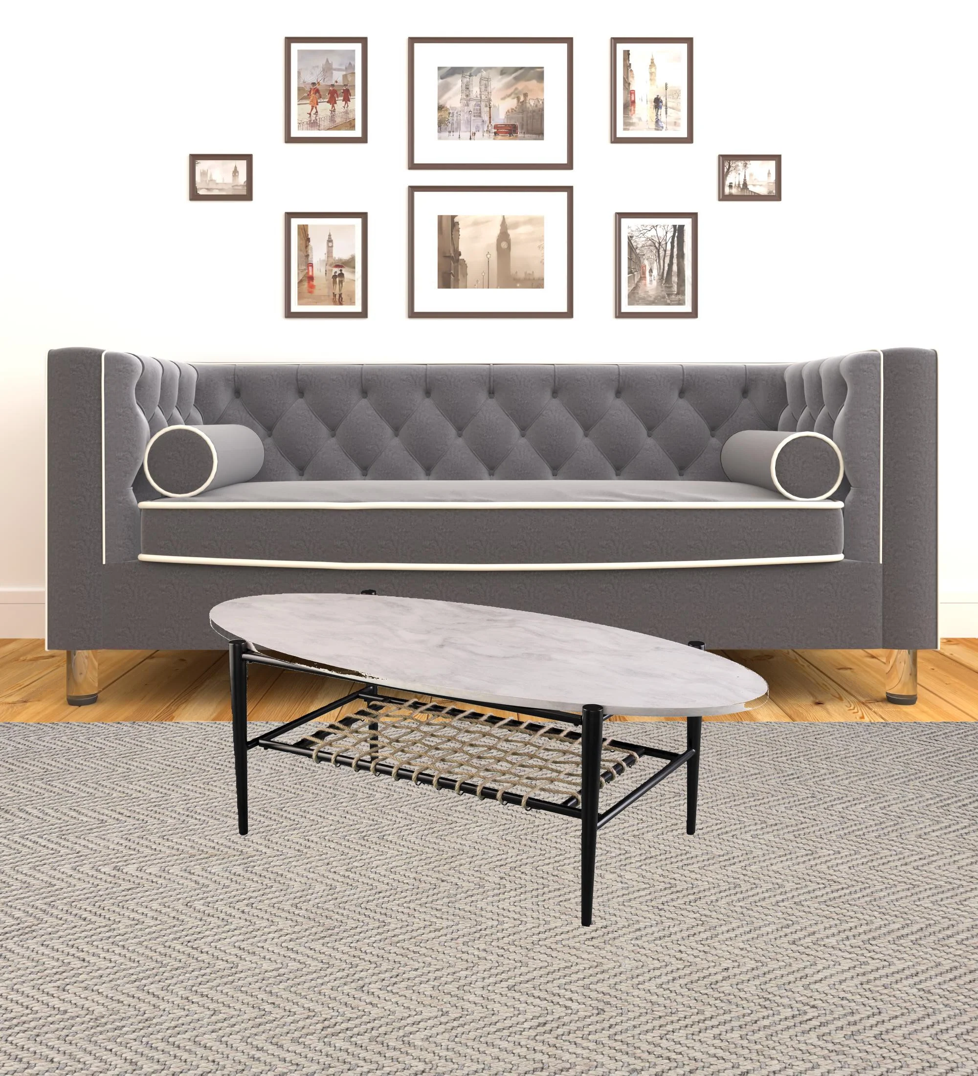 52" Black and White Metal and Faux Marble Boho Rope Oval Coffee Table By Homeroots - Image 9