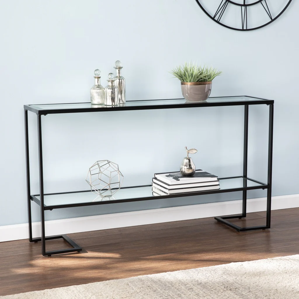52" Clear and Black Glass Mirrored Frame Console Table With Storage By Homeroots - Image 7