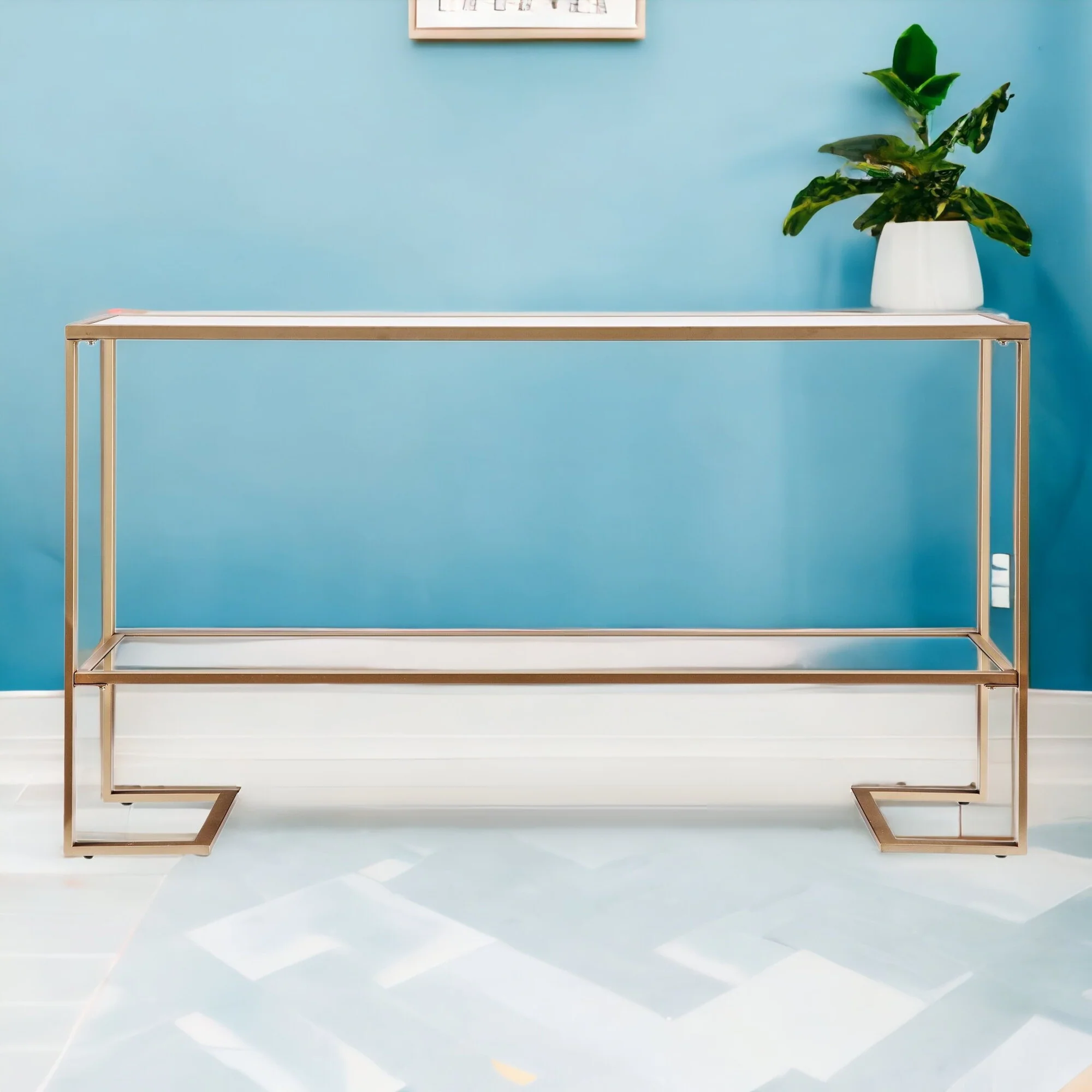52" Clear and Gold Glass Mirrored Frame Console Table With Storage By Homeroots - Image 6