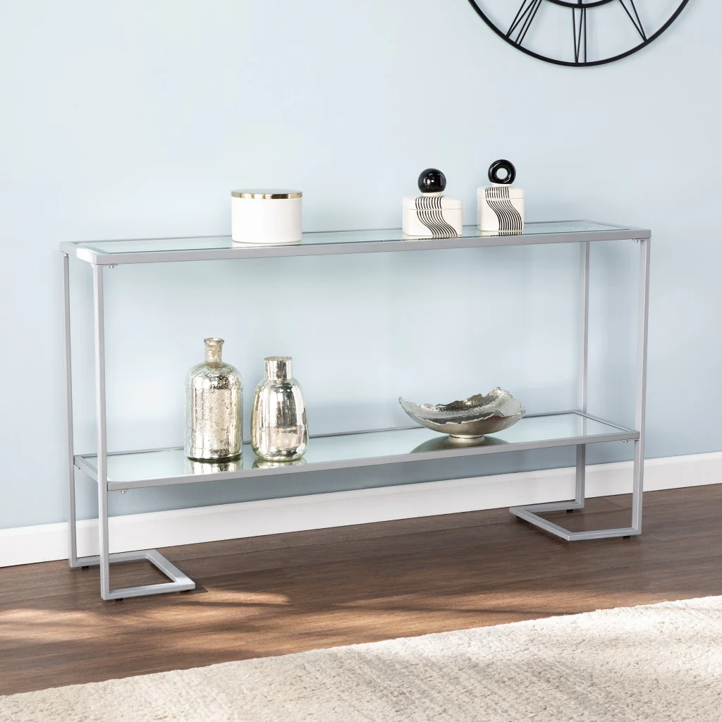 52" Clear and Silver Glass Mirrored Frame Console Table With Storage By Homeroots - Image 6