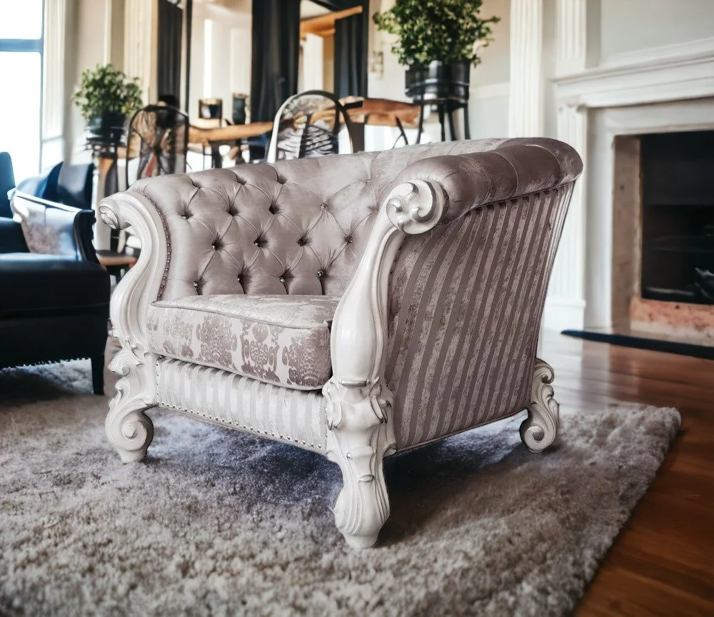 52" Ivory and Bone Fabric Damask Tufted Barrel Chair By Homeroots - Image 2