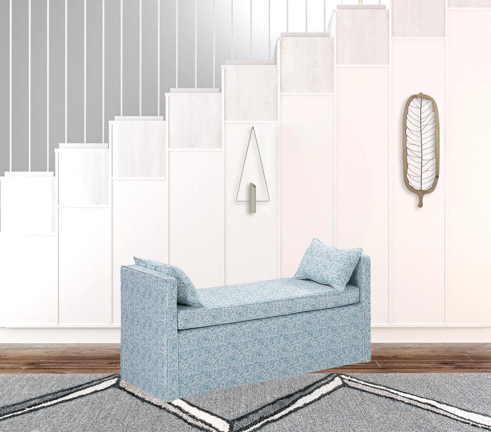 53" Blue And Black Upholstered Linen Floral Bench By Homeroots - Image 2