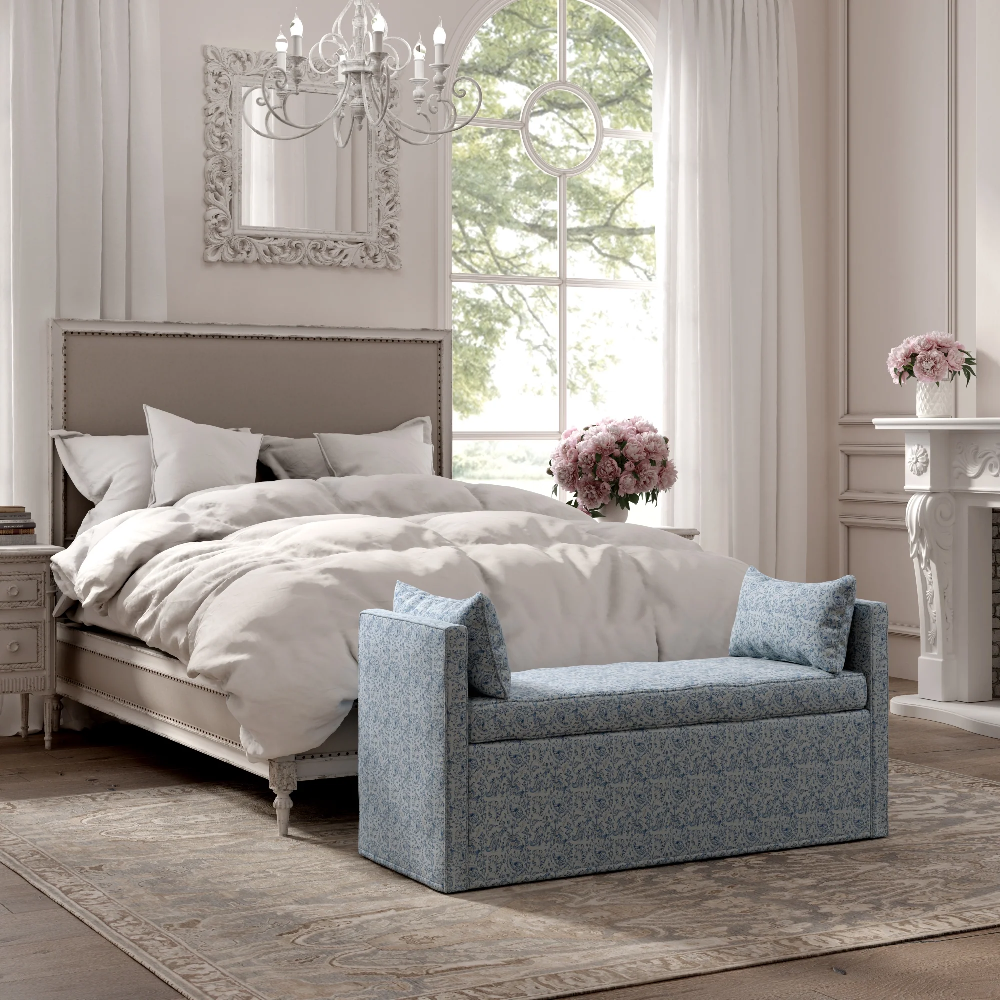 53" Blue And Black Upholstered Linen Floral Bench By Homeroots - Image 4