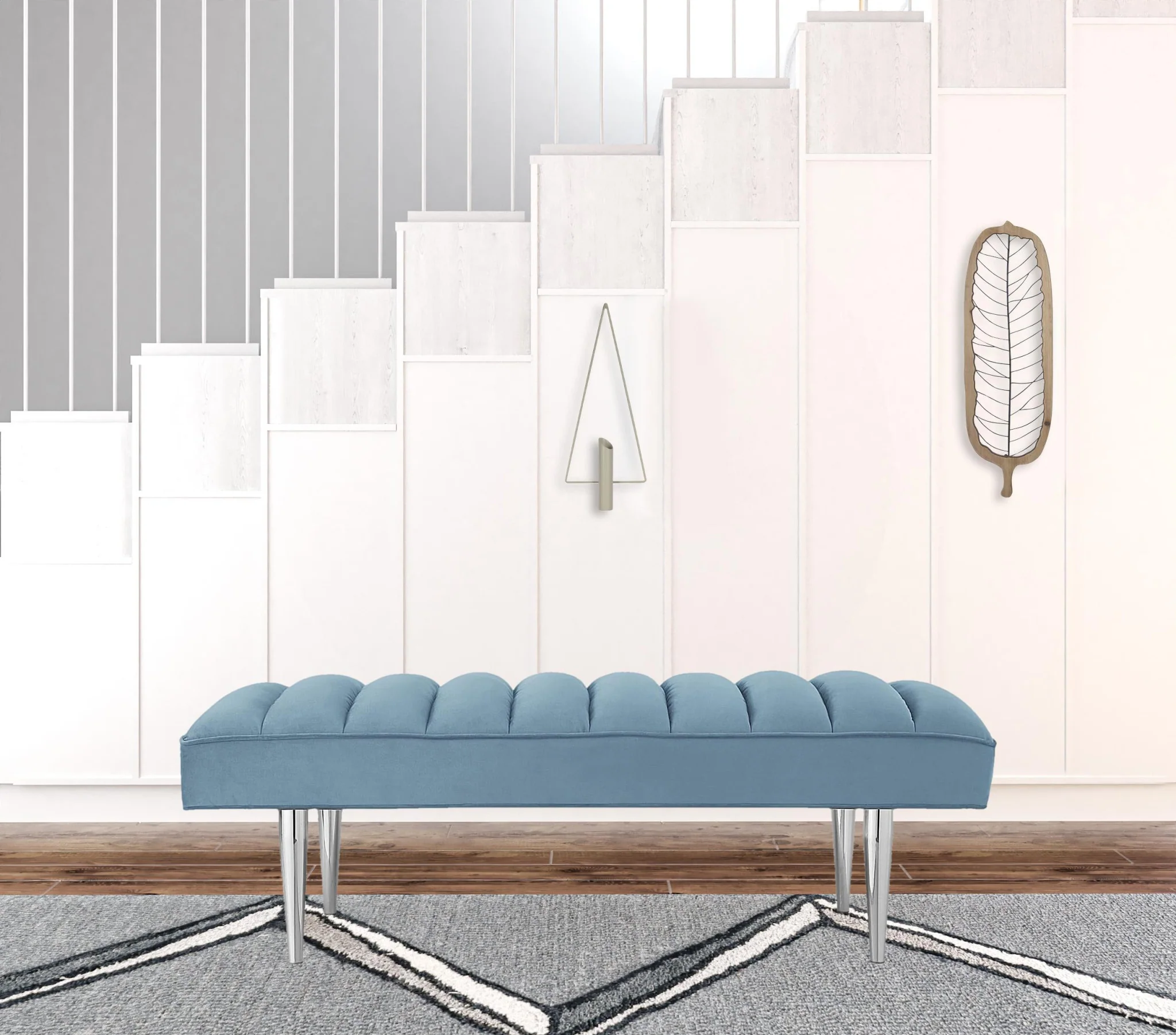 53" Blue And Silver Upholstered Velvet Bench By Homeroots - Image 4