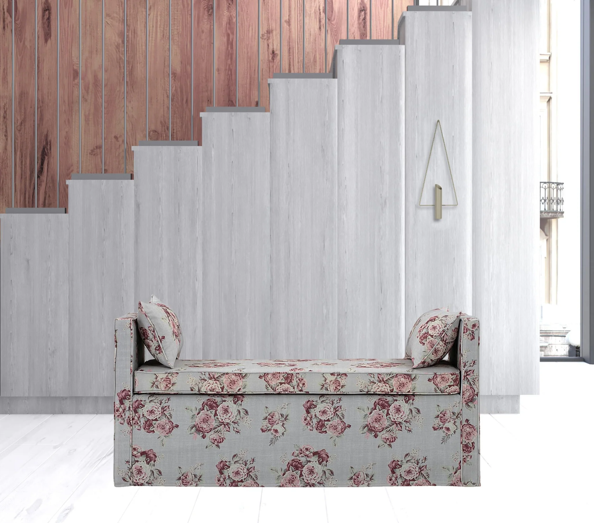 53" Light Gray And Black Upholstered Linen Floral Bench By Homeroots - Image 3