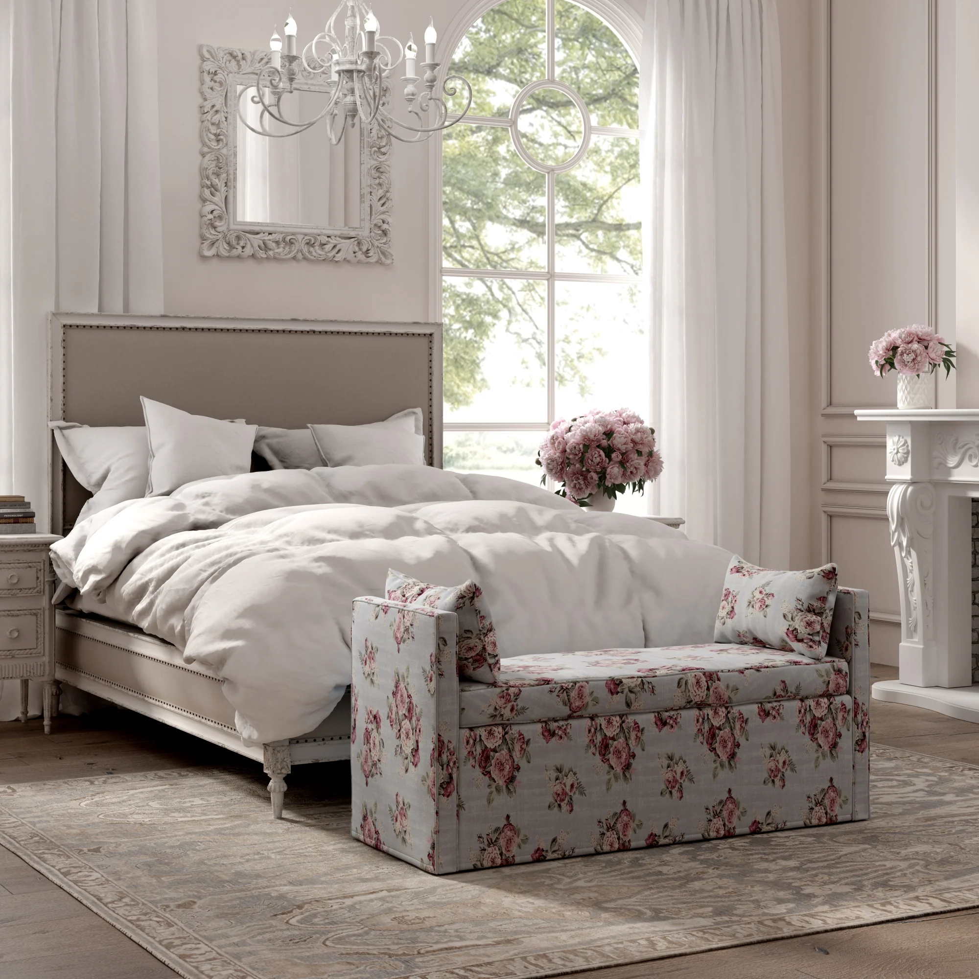 53" Light Gray And Black Upholstered Linen Floral Bench By Homeroots - Image 4