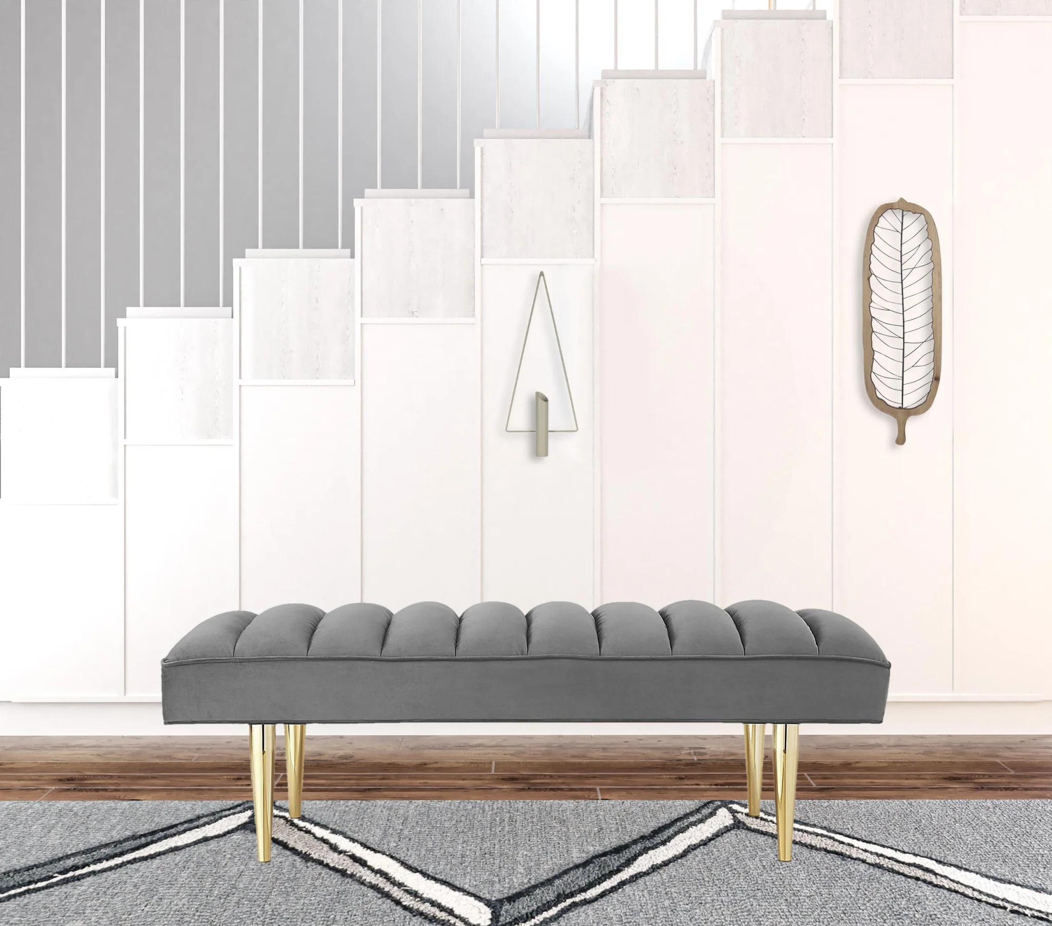 53" Light Gray And Gold Upholstered Velvet Bench By Homeroots - Image 4