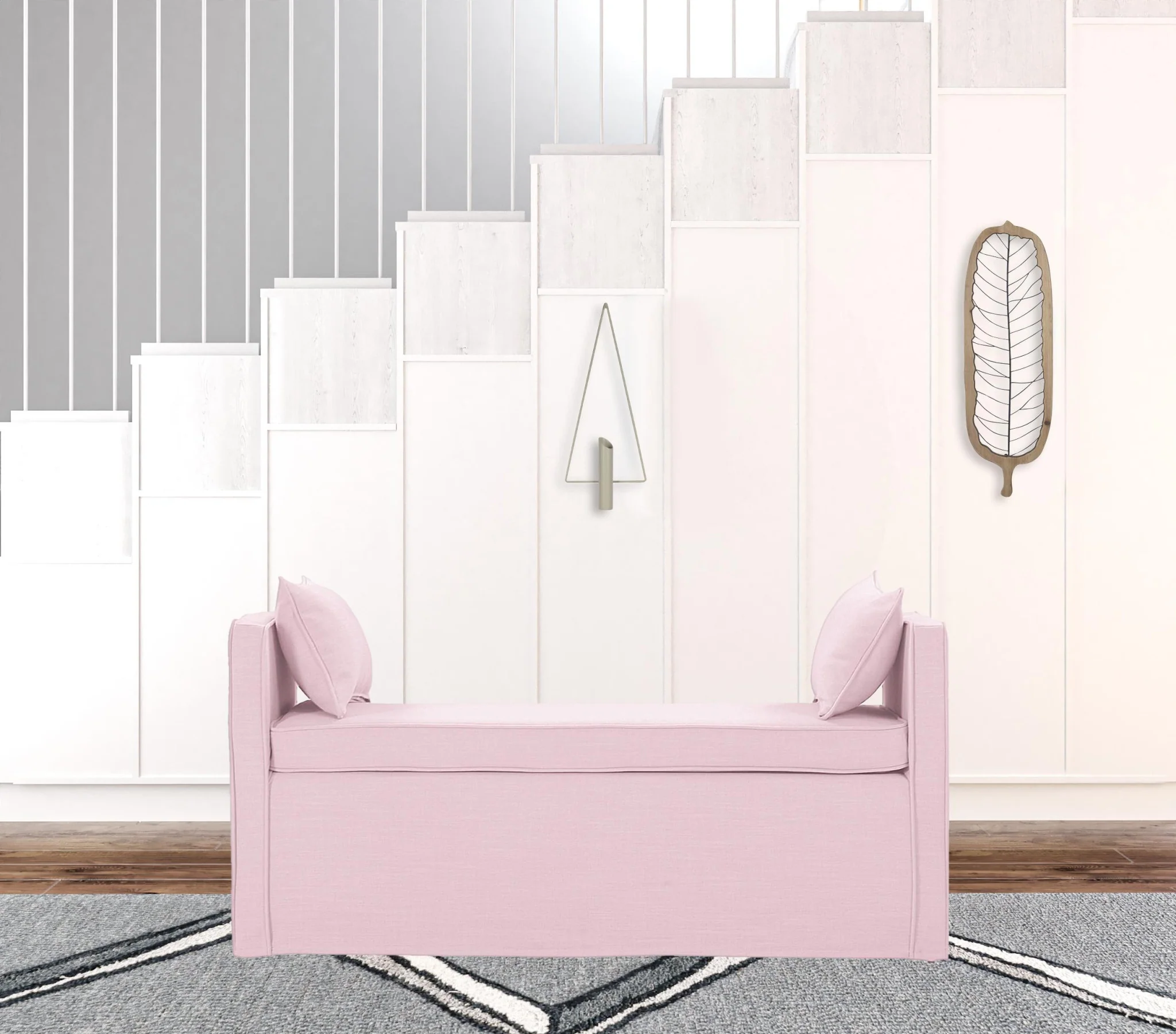 53" Light Pink And Black Upholstered Linen Bench By Homeroots - Image 3