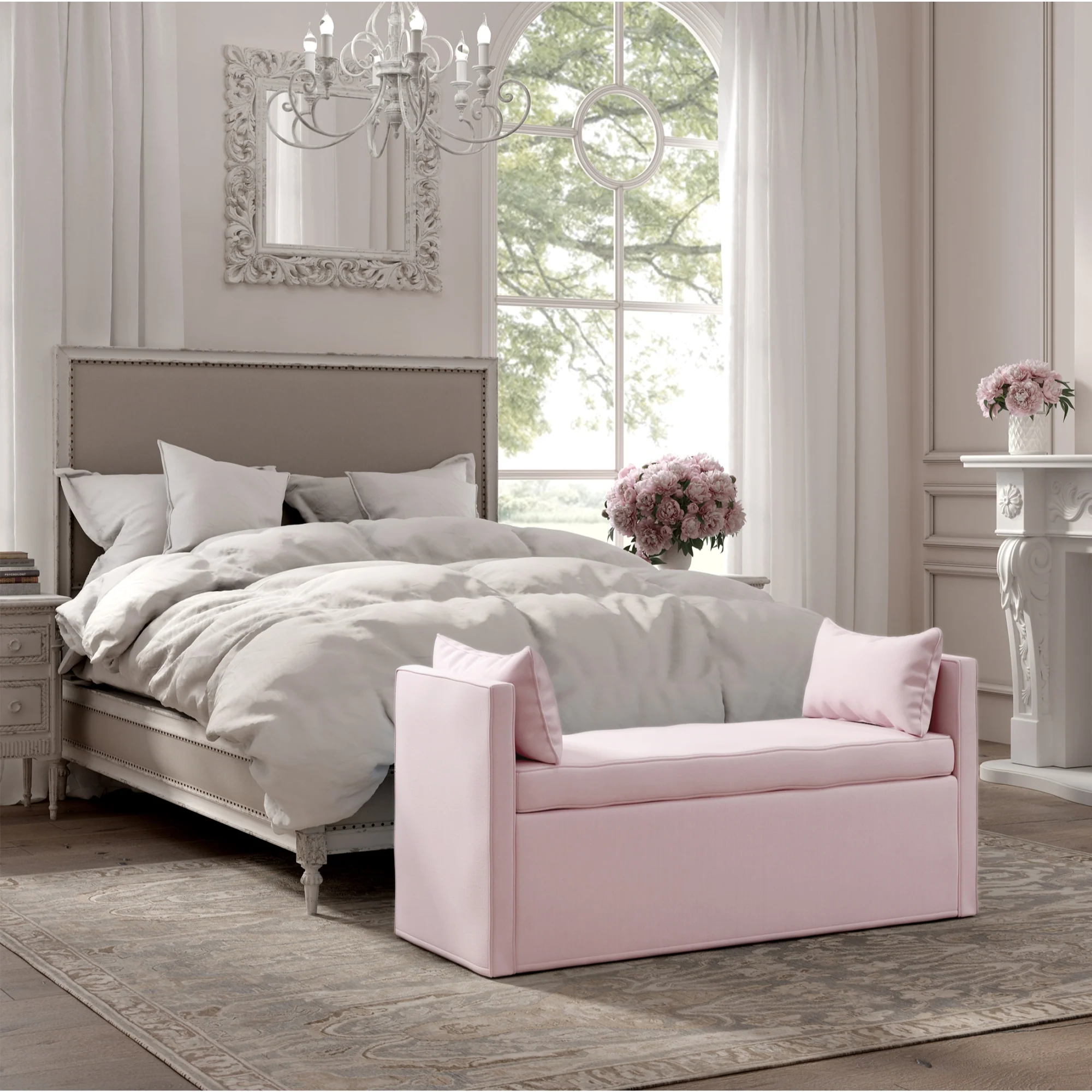53" Light Pink And Black Upholstered Linen Bench By Homeroots - Image 5