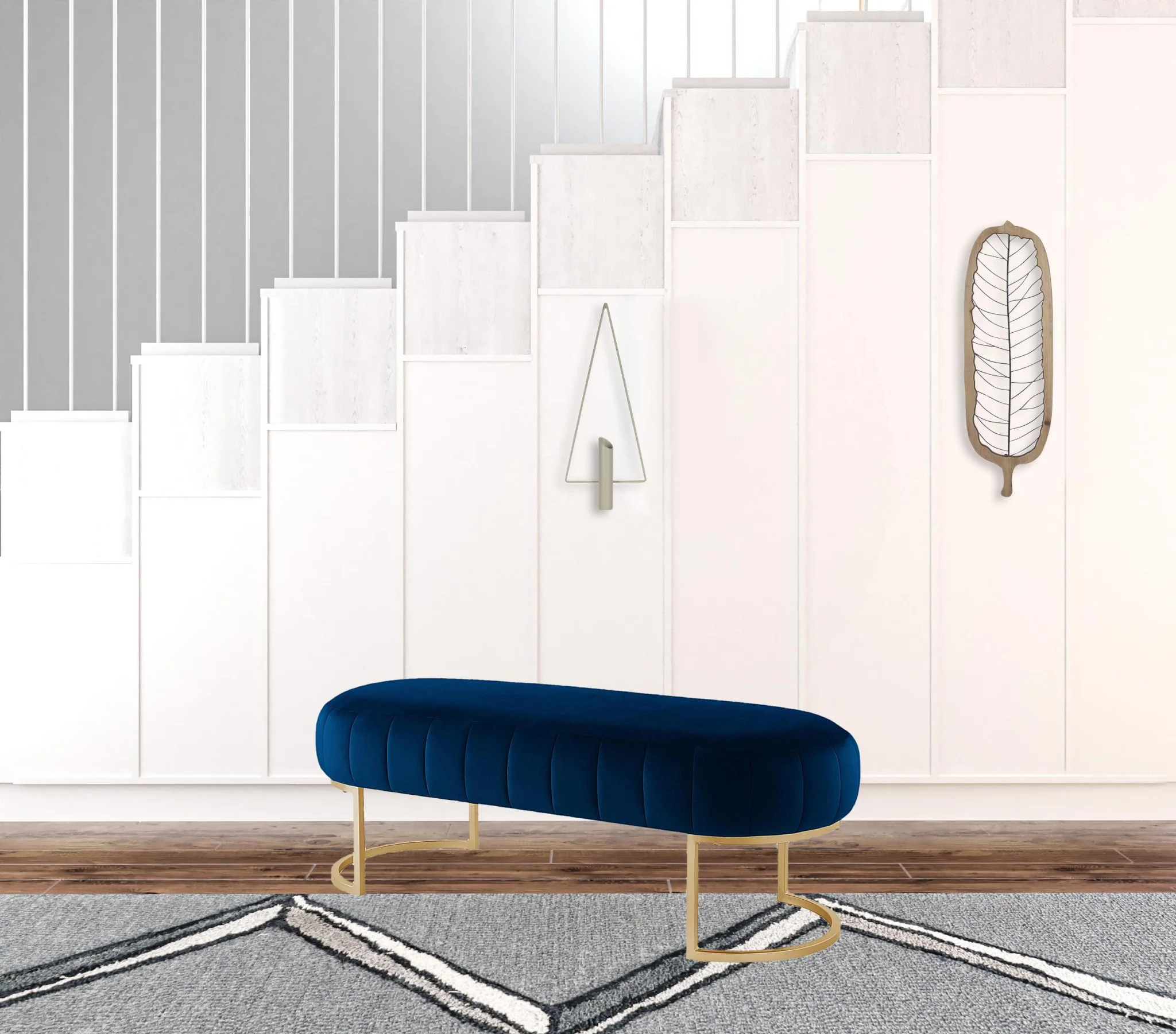 53" Navy Blue And Gold Upholstered Velvet Bench By Homeroots - Image 4