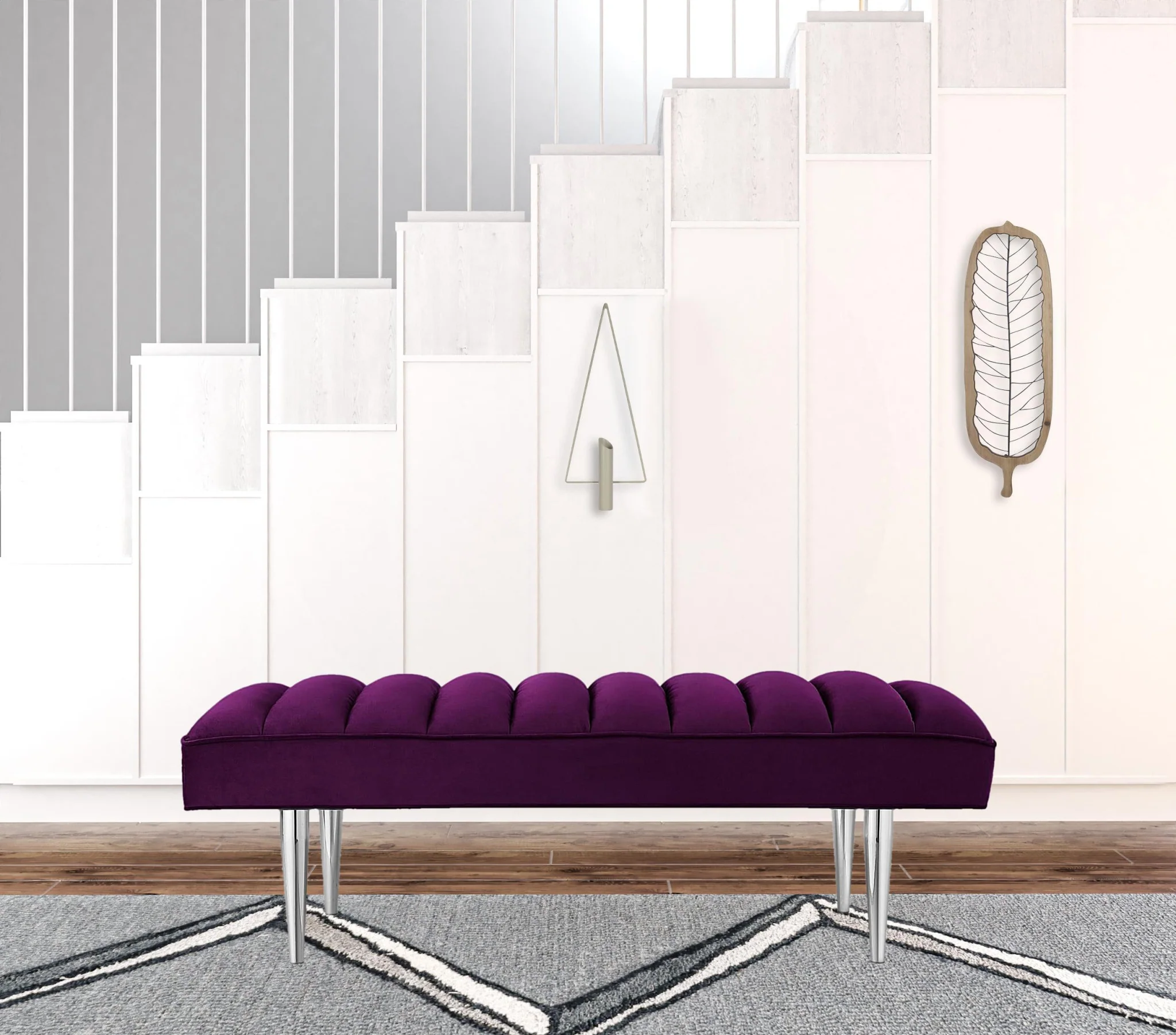 53" Purple And Silver Upholstered Velvet Bench By Homeroots - Image 4
