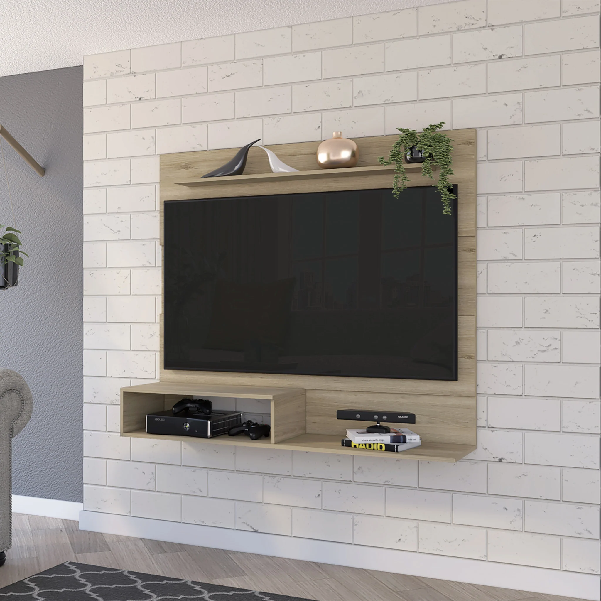 55" Light Pine Manufactured Wood Open Shelving Entertainment Center By Homeroots - Image 3
