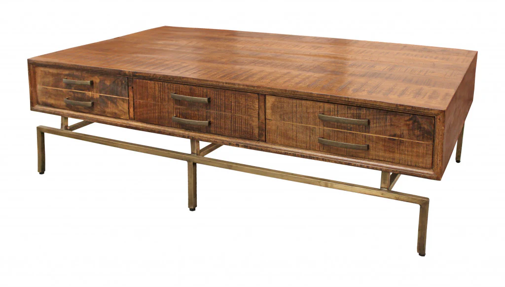 56" Brass And Brown Solid Wood Rectangular Distressed Storage Coffee Table By Homeroots - Image 2