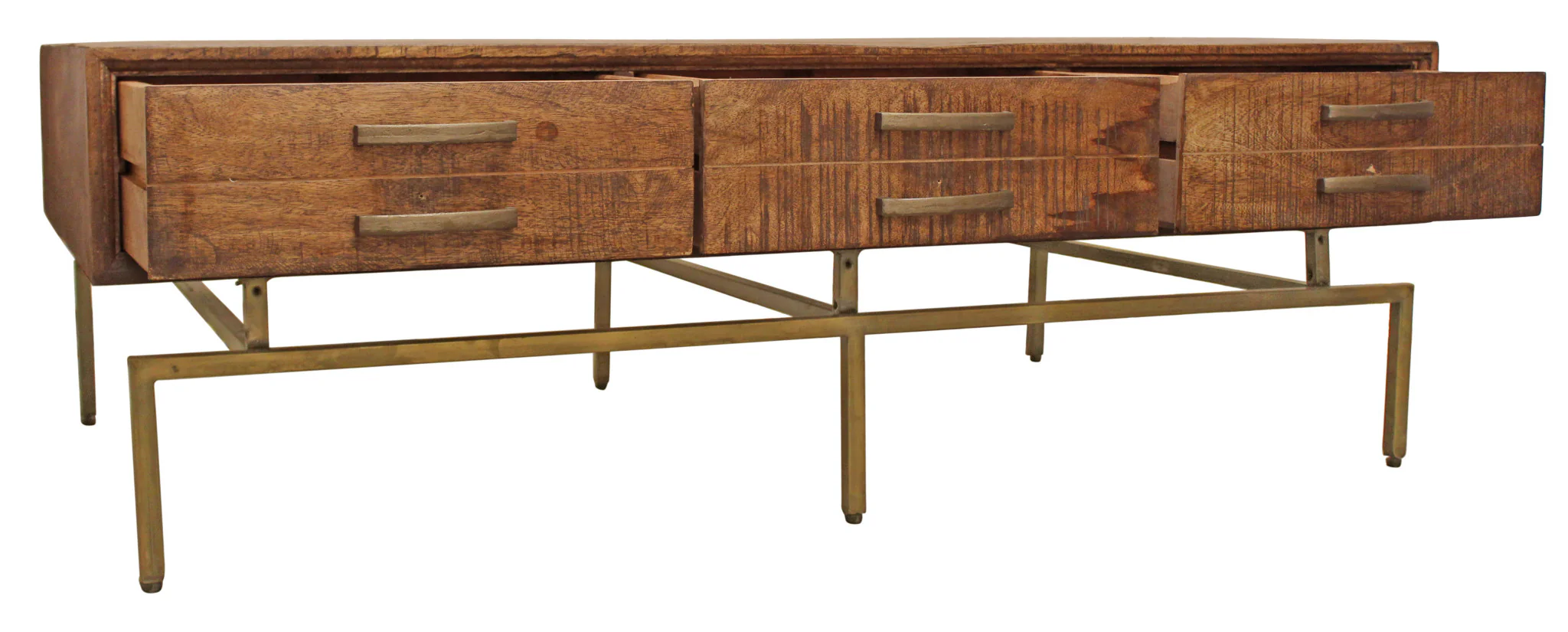 56" Brass And Brown Solid Wood Rectangular Distressed Storage Coffee Table By Homeroots - Image 3