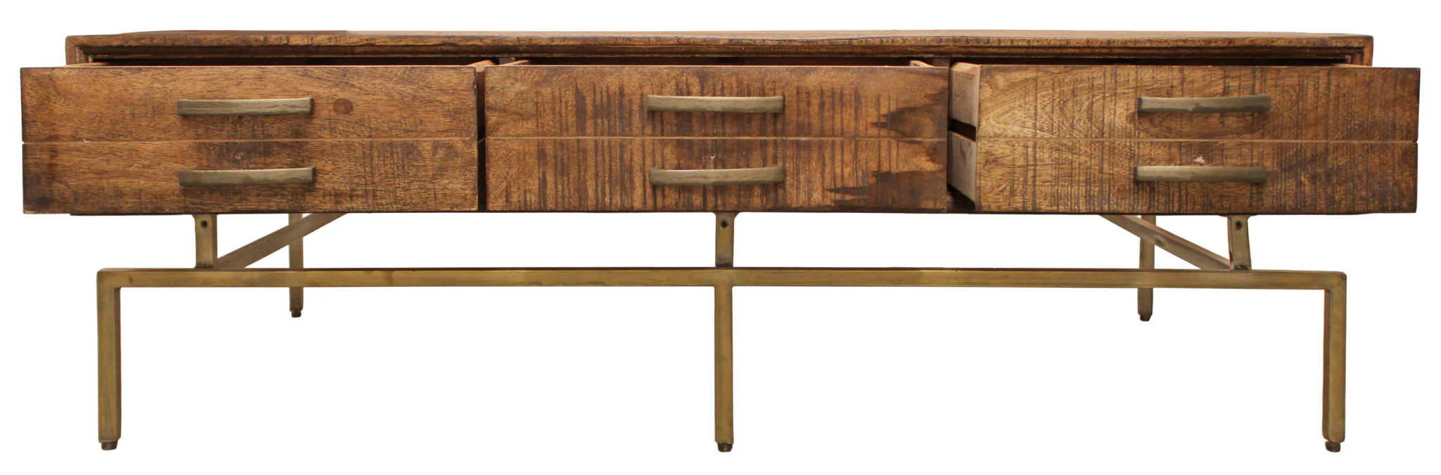 56" Brass And Brown Solid Wood Rectangular Distressed Storage Coffee Table By Homeroots - Image 4