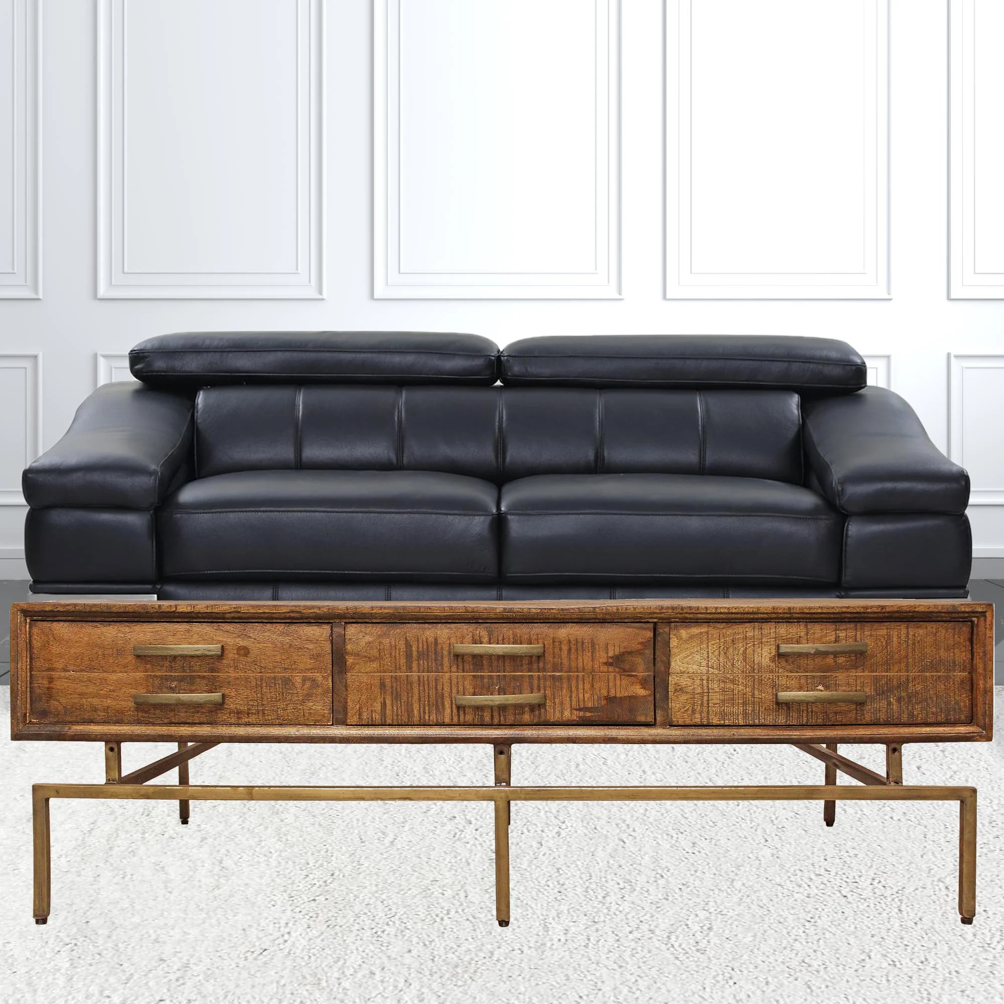 56" Brass And Brown Solid Wood Rectangular Distressed Storage Coffee Table By Homeroots - Image 7