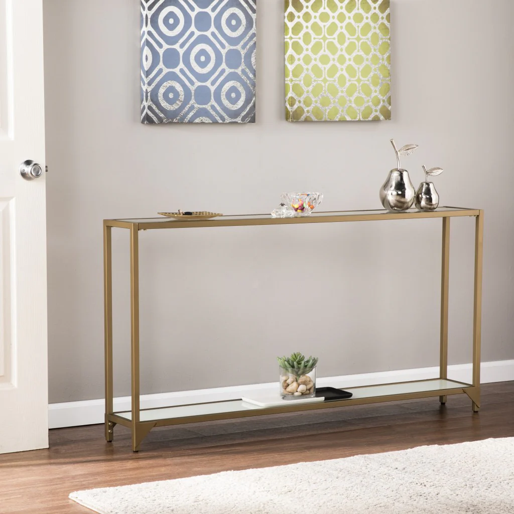 56" Clear and Gold Glass Floor Shelf Console Table With Storage By Homeroots - Image 7