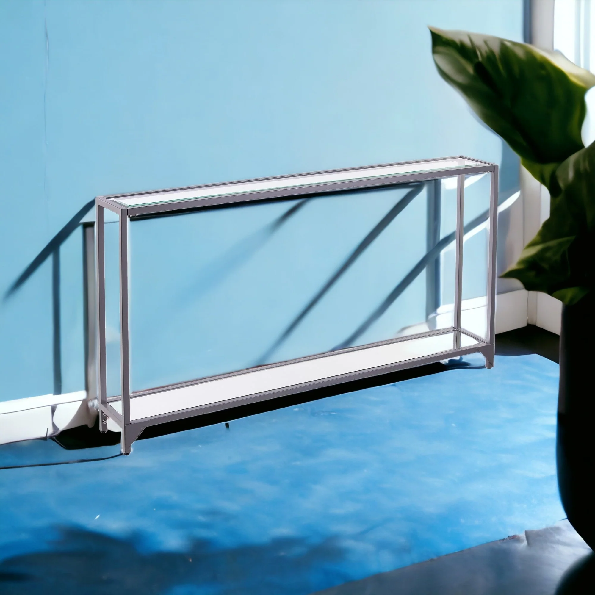 56" Clear and Silver Glass Mirrored Floor Shelf Console Table With Storage By Homeroots - Image 6