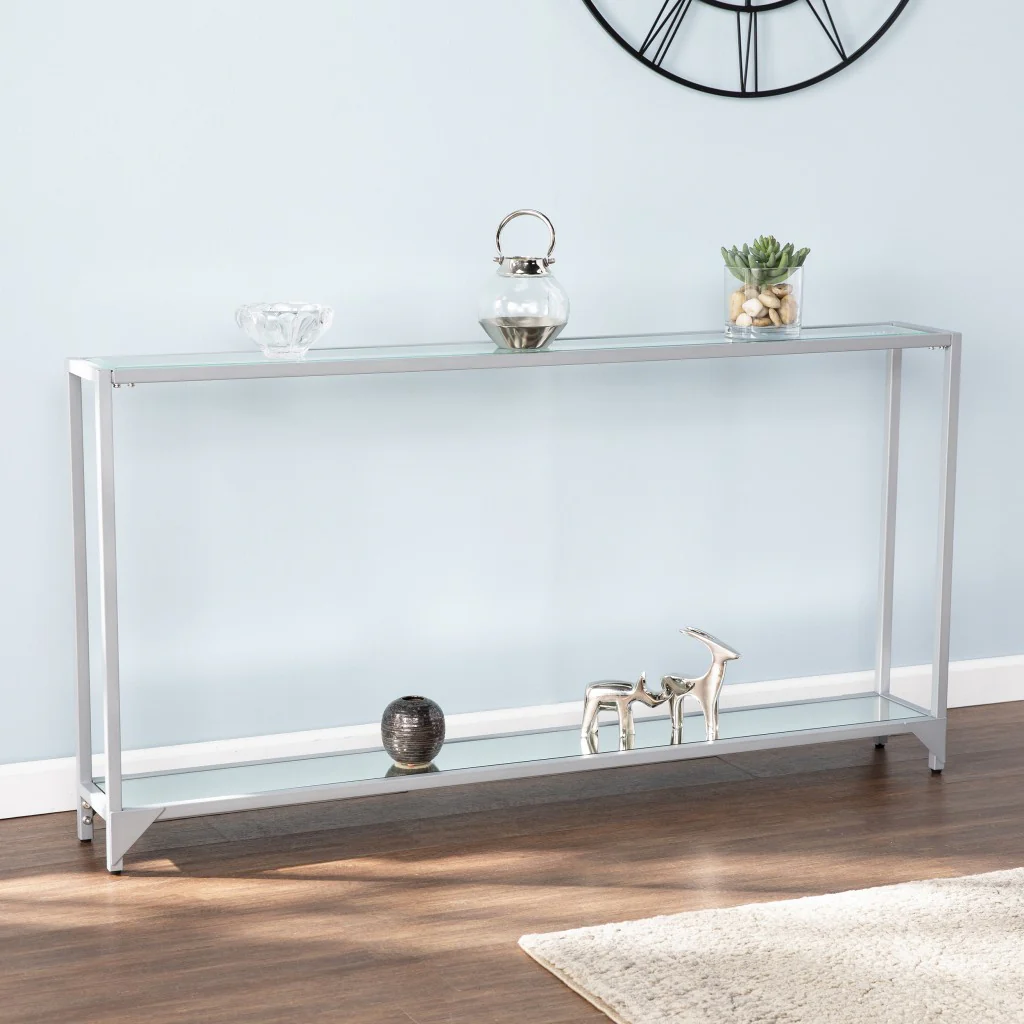 56" Clear and Silver Glass Mirrored Floor Shelf Console Table With Storage By Homeroots - Image 8