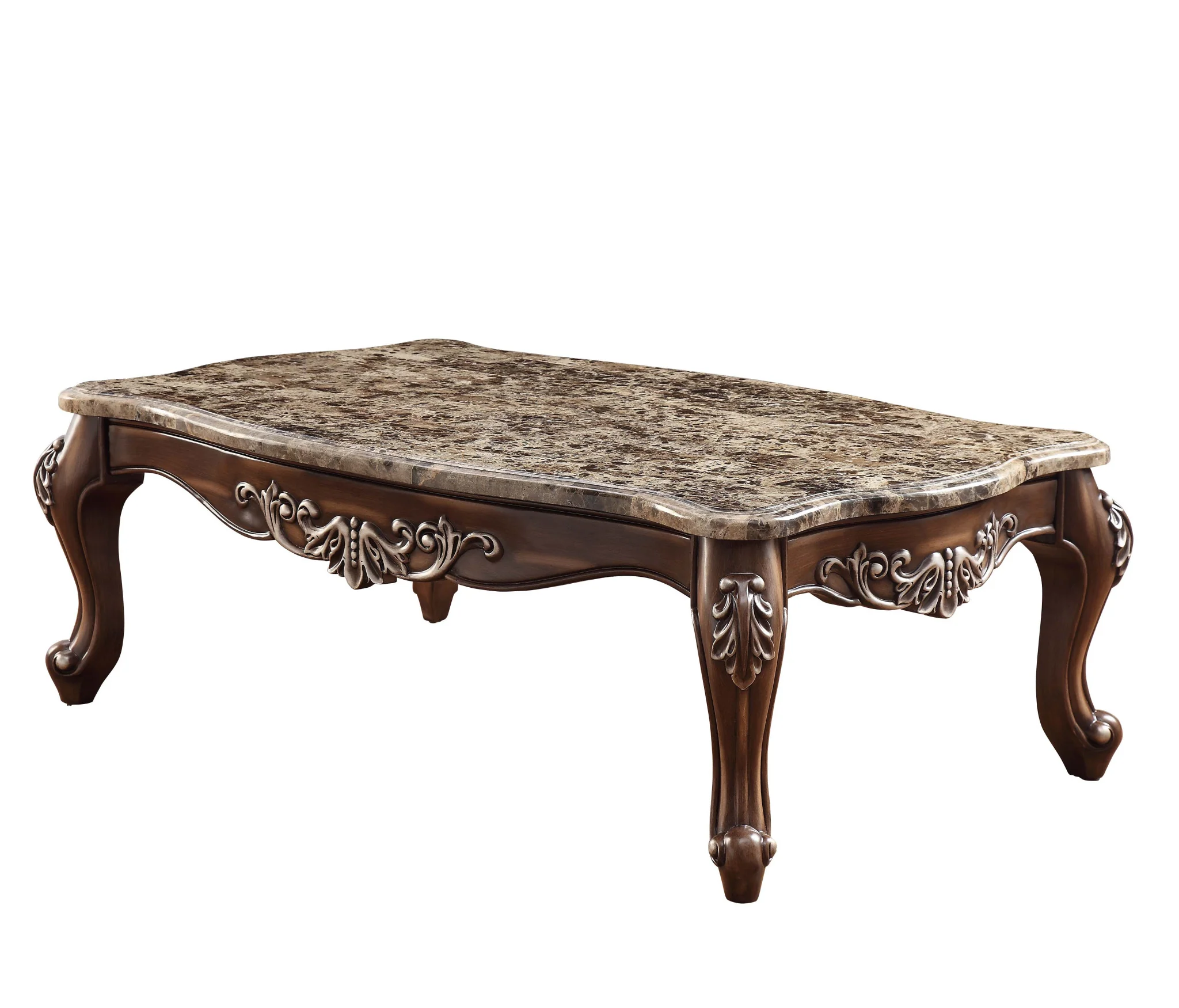 57" Antique Oak And Brown Marble Faux Marble Rectangular Coffee Table By Homeroots - Image 2