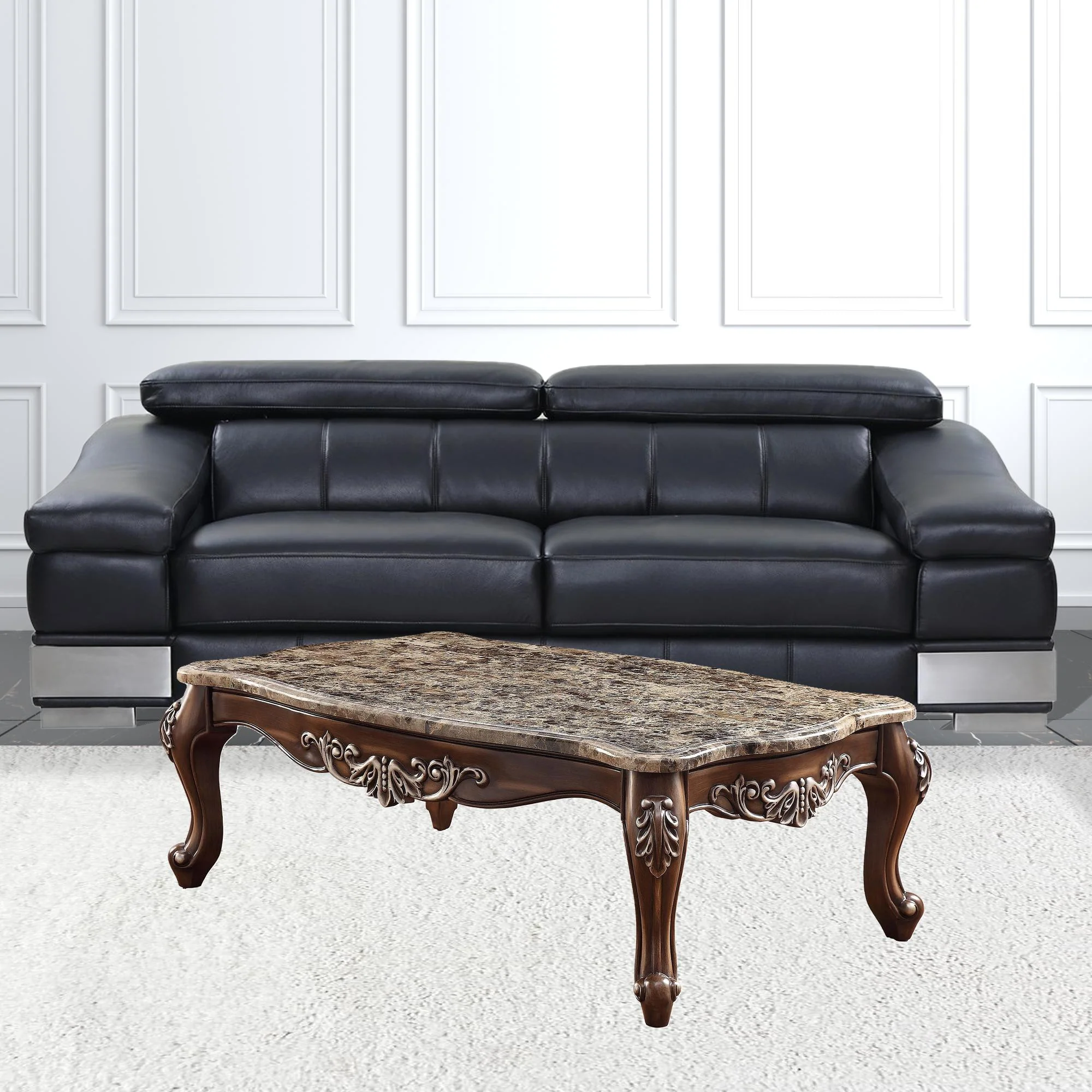 57" Antique Oak And Brown Marble Faux Marble Rectangular Coffee Table By Homeroots - Image 3