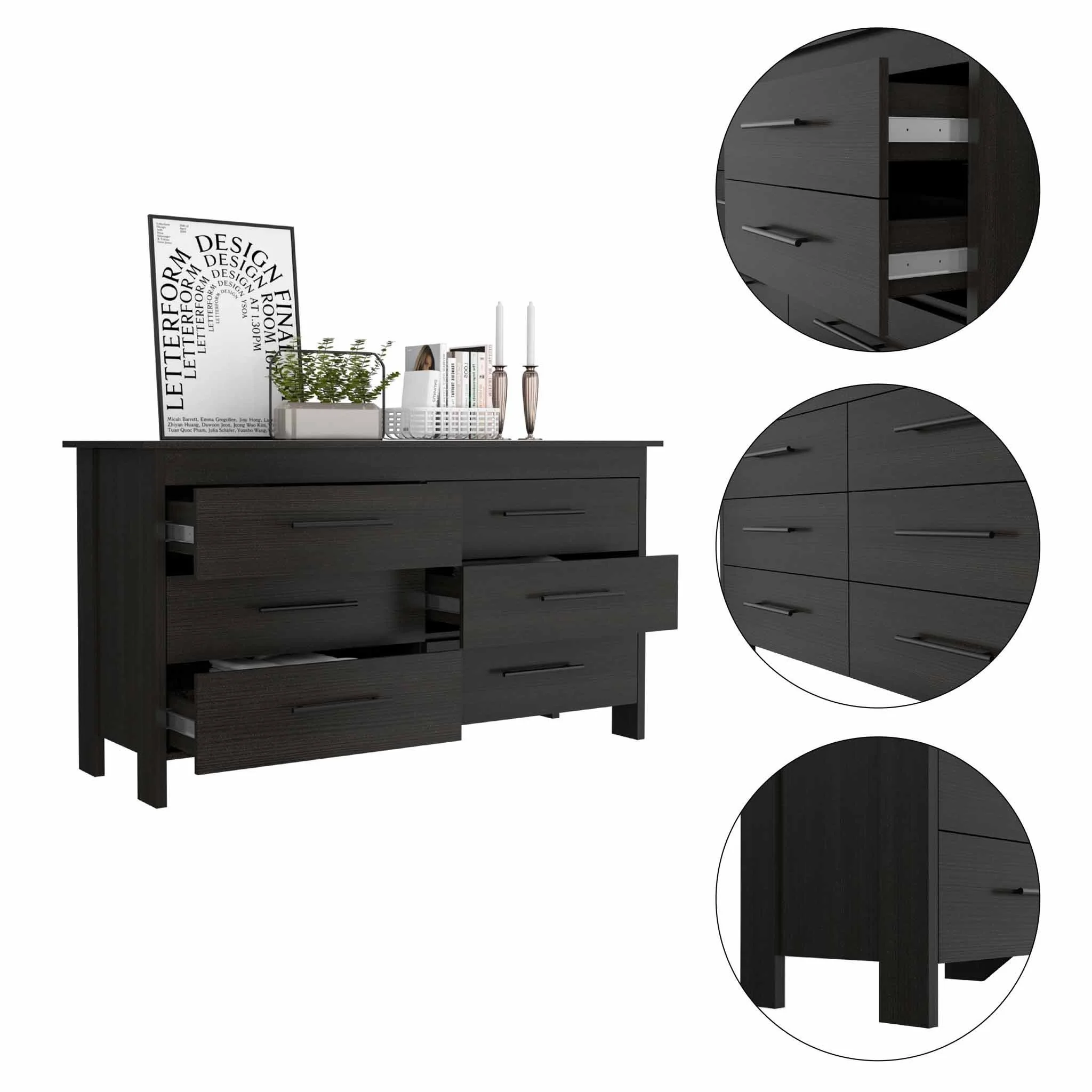 58" Black Six Drawer Double Dresser By Homeroots - Image 5